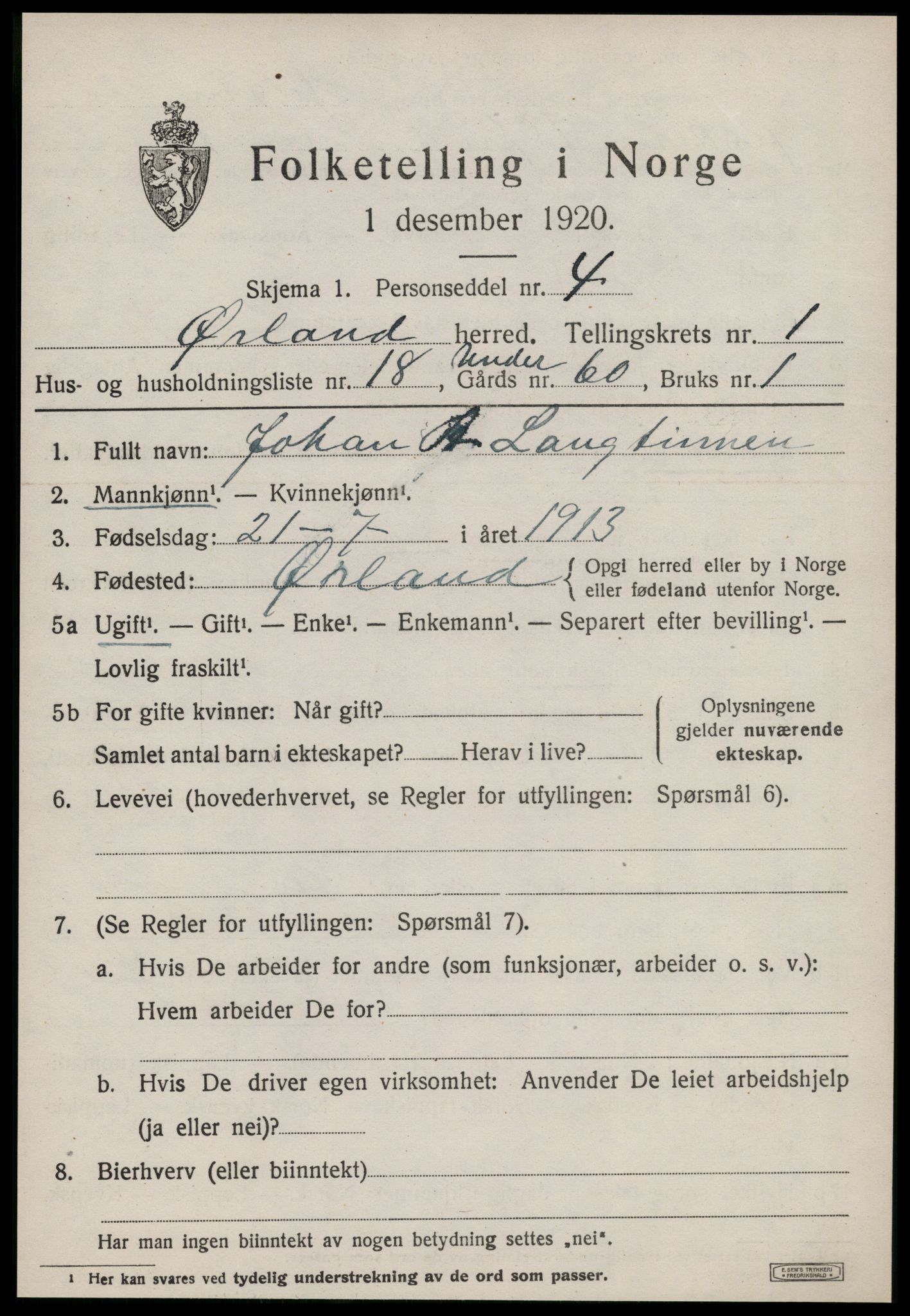 SAT, 1920 census for Ørland, 1920, p. 1599
