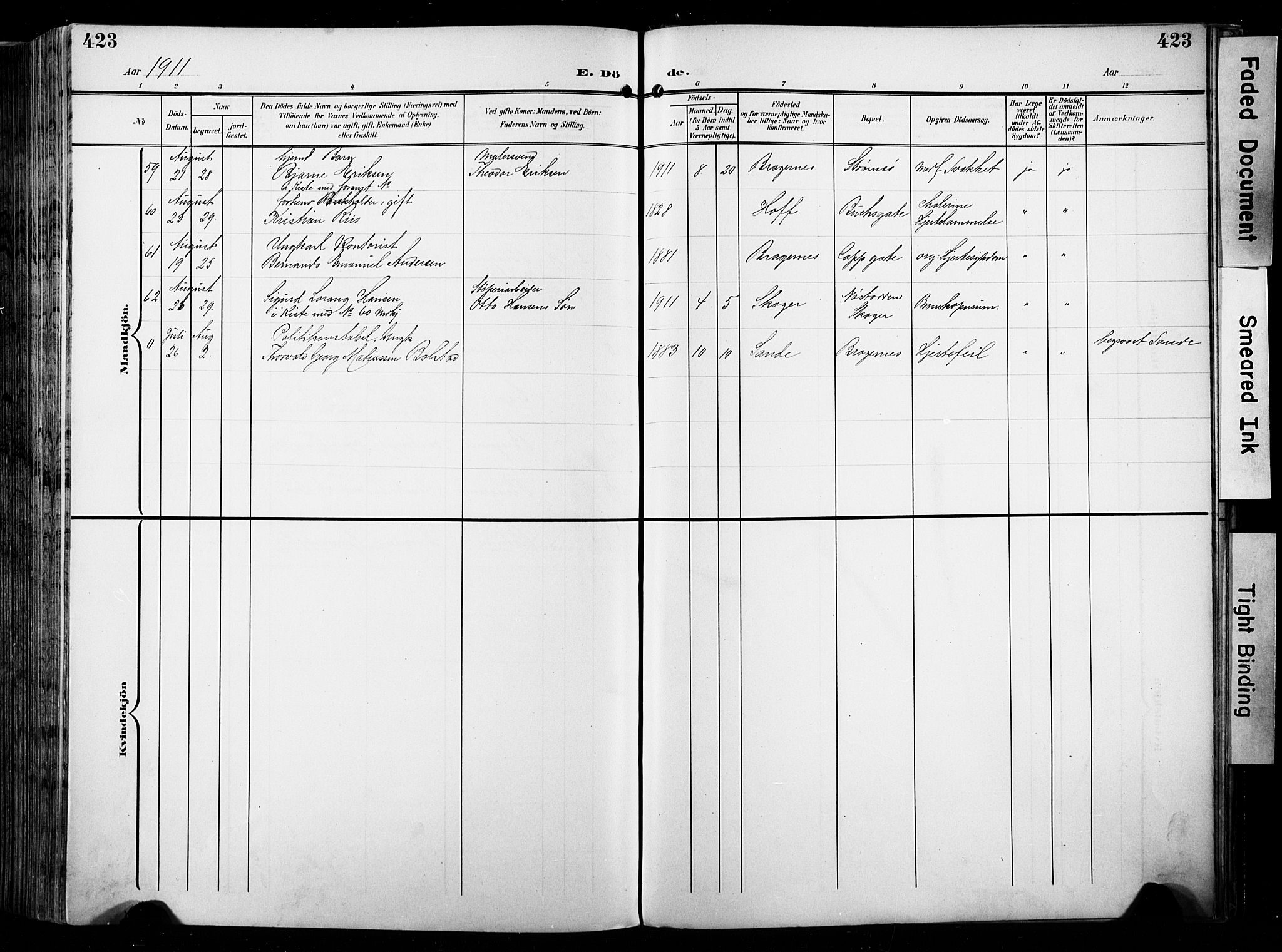 Bragernes kirkebøker, SAKO/A-6/F/Fb/L0009: Parish register (official) no. II 9, 1902-1911, p. 423