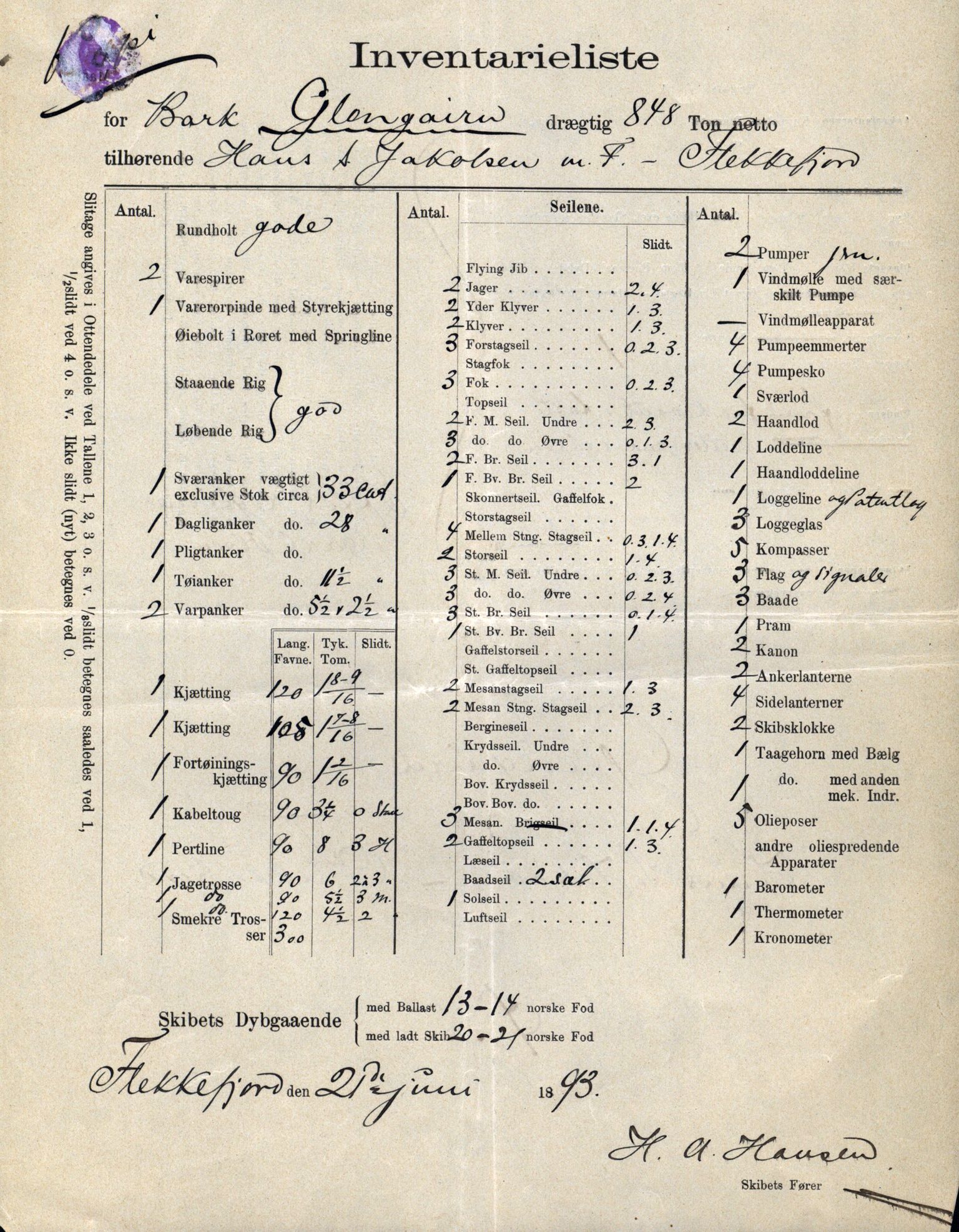 Pa 63 - Østlandske skibsassuranceforening, VEMU/A-1079/G/Ga/L0030/0006: Havaridokumenter / Sylvia, Stærk, Cathrine, Caroline, Glengairn, 1893, p. 45