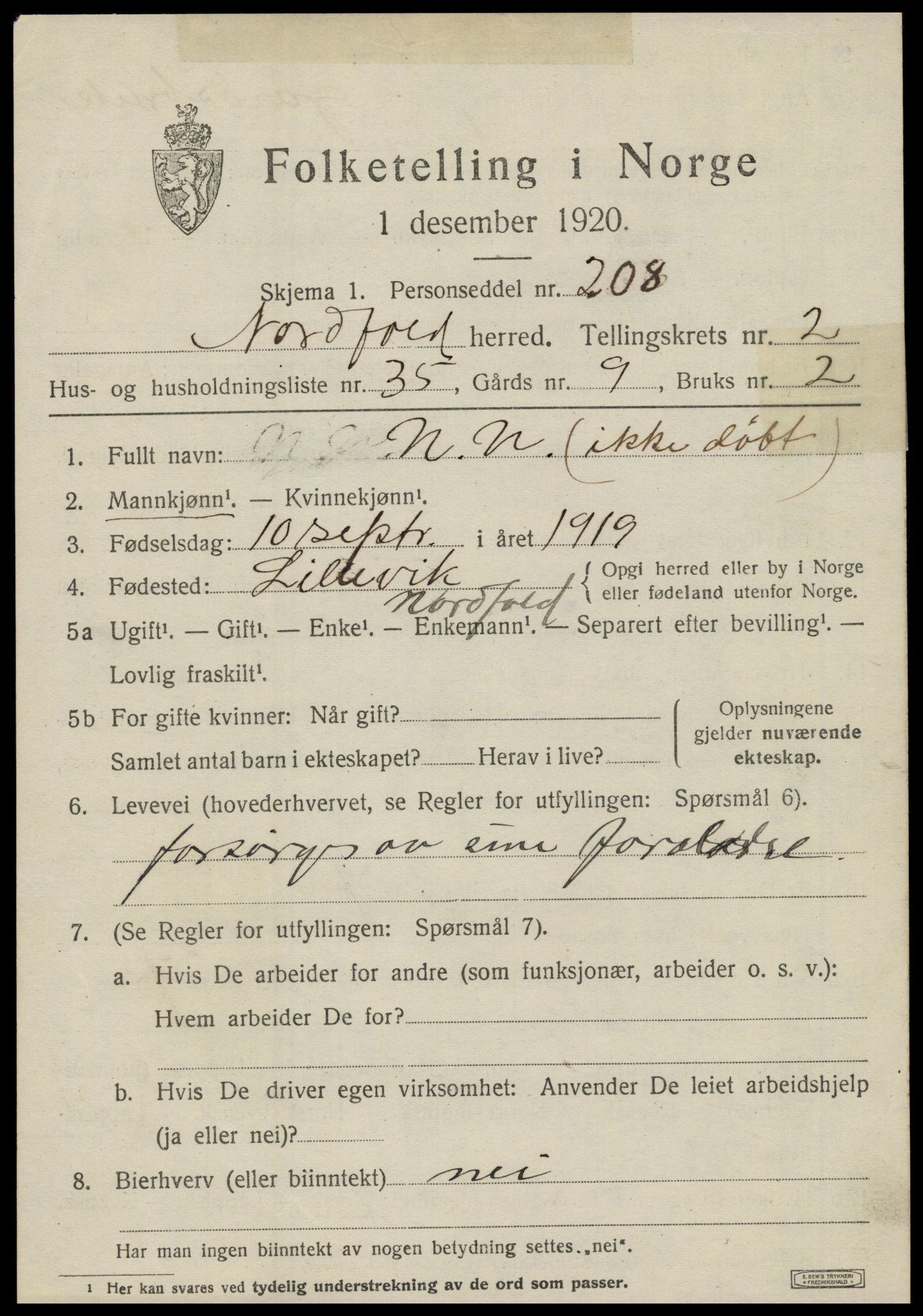 SAT, 1920 census for Nordfold, 1920, p. 1501