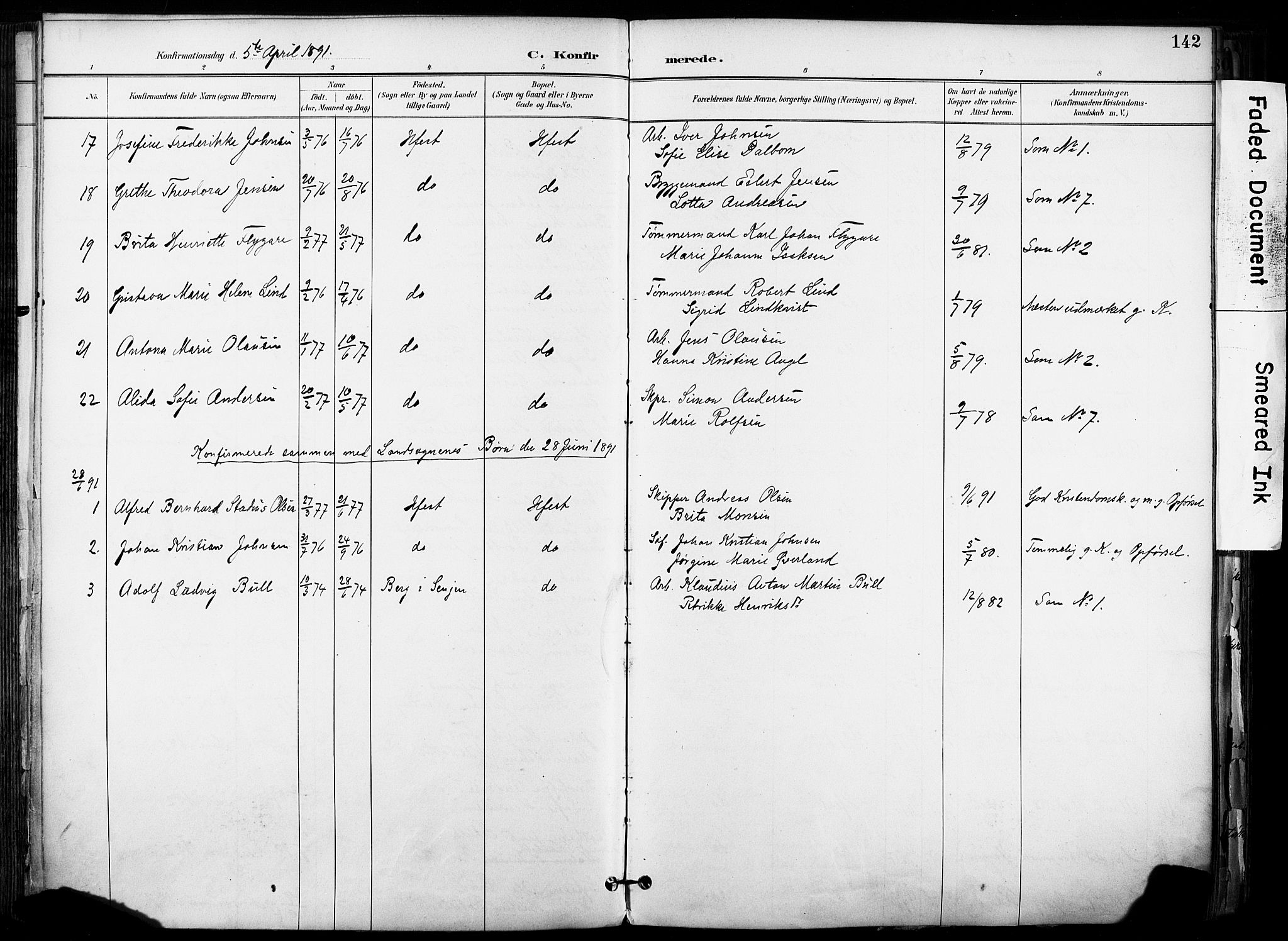 Hammerfest sokneprestkontor, AV/SATØ-S-1347/H/Ha/L0009.kirke: Parish register (official) no. 9, 1889-1897, p. 142