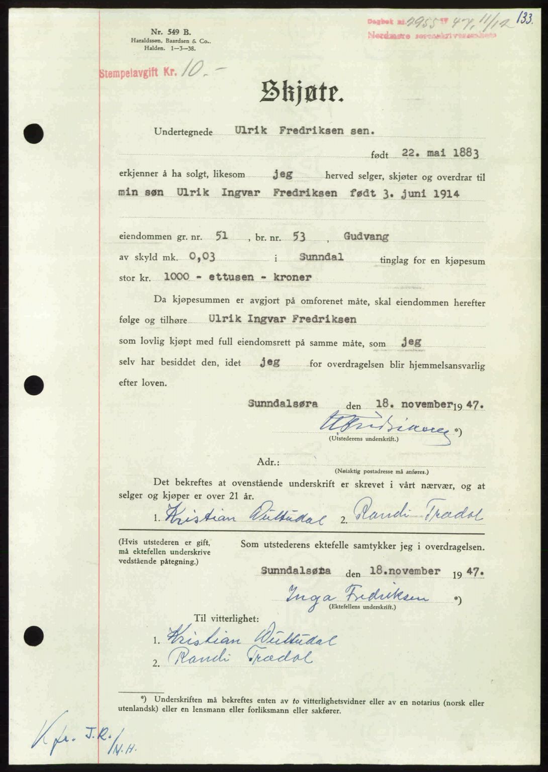 Nordmøre sorenskriveri, AV/SAT-A-4132/1/2/2Ca: Mortgage book no. A107, 1947-1948, Diary no: : 2955/1947