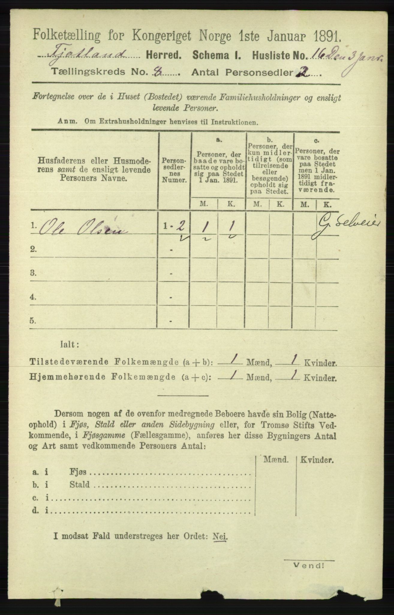 RA, 1891 census for 1036 Fjotland, 1891, p. 1186