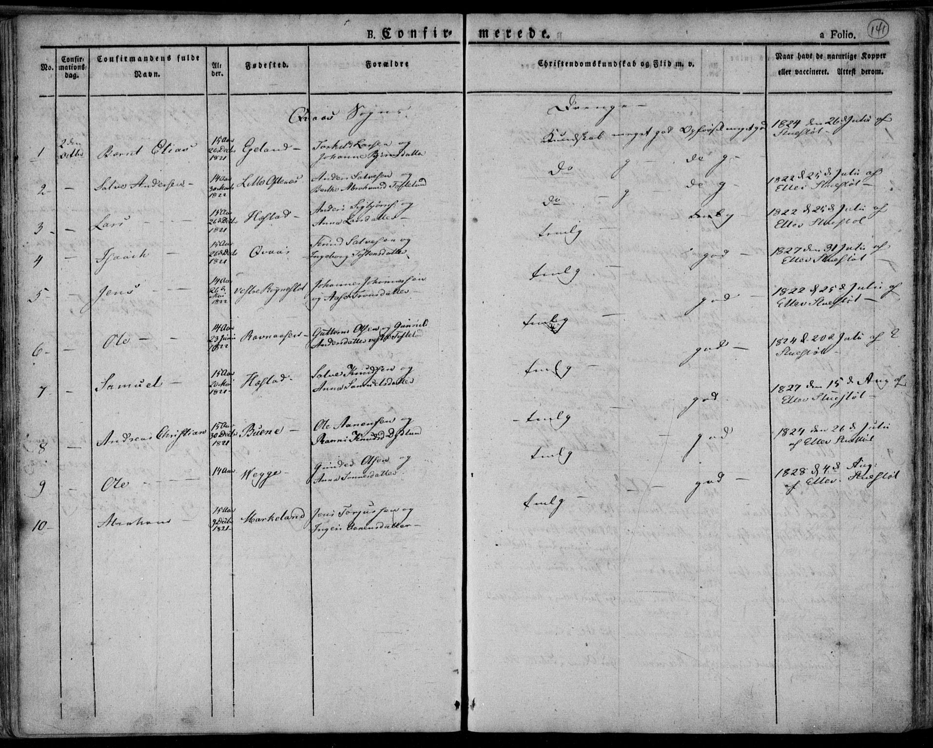 Lyngdal sokneprestkontor, AV/SAK-1111-0029/F/Fa/Fac/L0007: Parish register (official) no. A 7, 1825-1838, p. 141