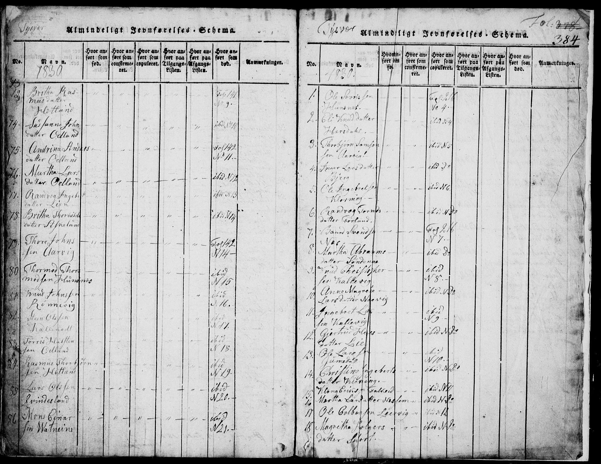 Skjold sokneprestkontor, AV/SAST-A-101847/H/Ha/Hab/L0002: Parish register (copy) no. B 2 /1, 1815-1830, p. 384