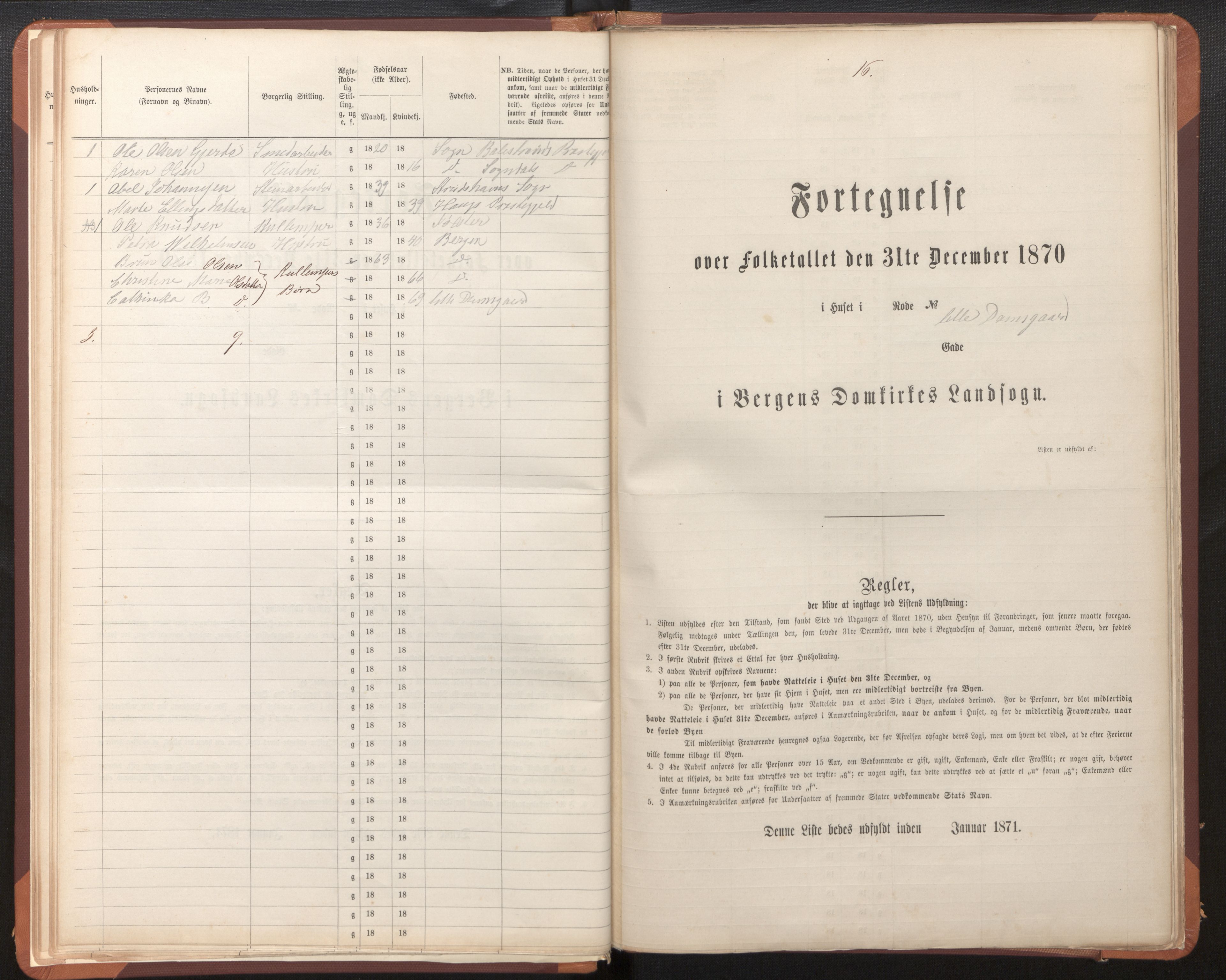 SAB, 1870 census for Bergen rural district, Domkirken local parish, 1870, p. 16