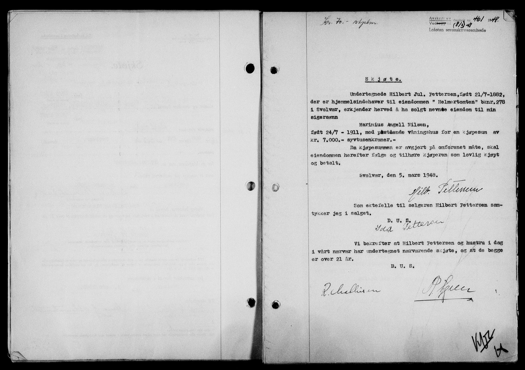 Lofoten sorenskriveri, SAT/A-0017/1/2/2C/L0018a: Mortgage book no. 18a, 1948-1948, Diary no: : 461/1948