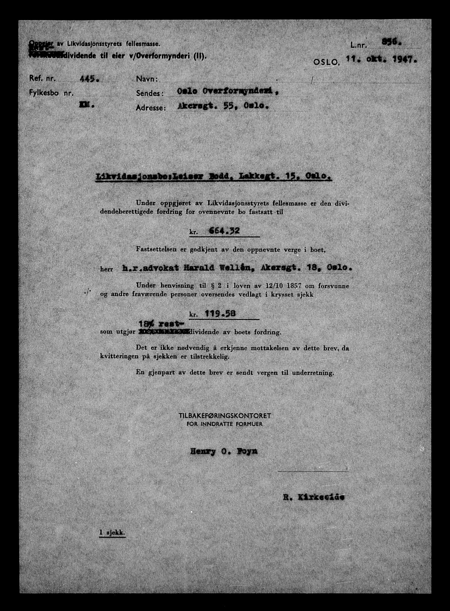 Justisdepartementet, Tilbakeføringskontoret for inndratte formuer, AV/RA-S-1564/H/Hc/Hcc/L0927: --, 1945-1947, p. 6