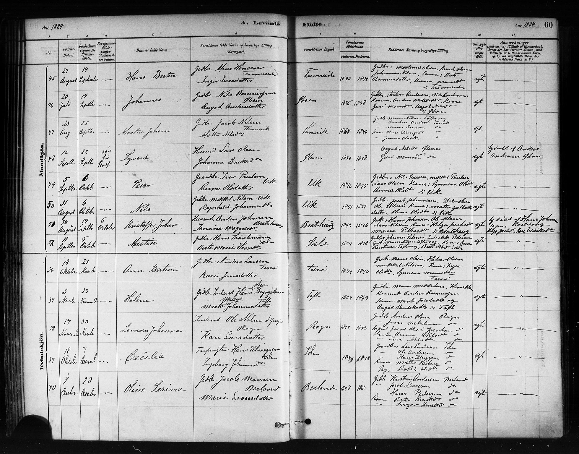 Herdla Sokneprestembete, AV/SAB-A-75701/H/Haa: Parish register (official) no. A 3, 1878-1890, p. 60