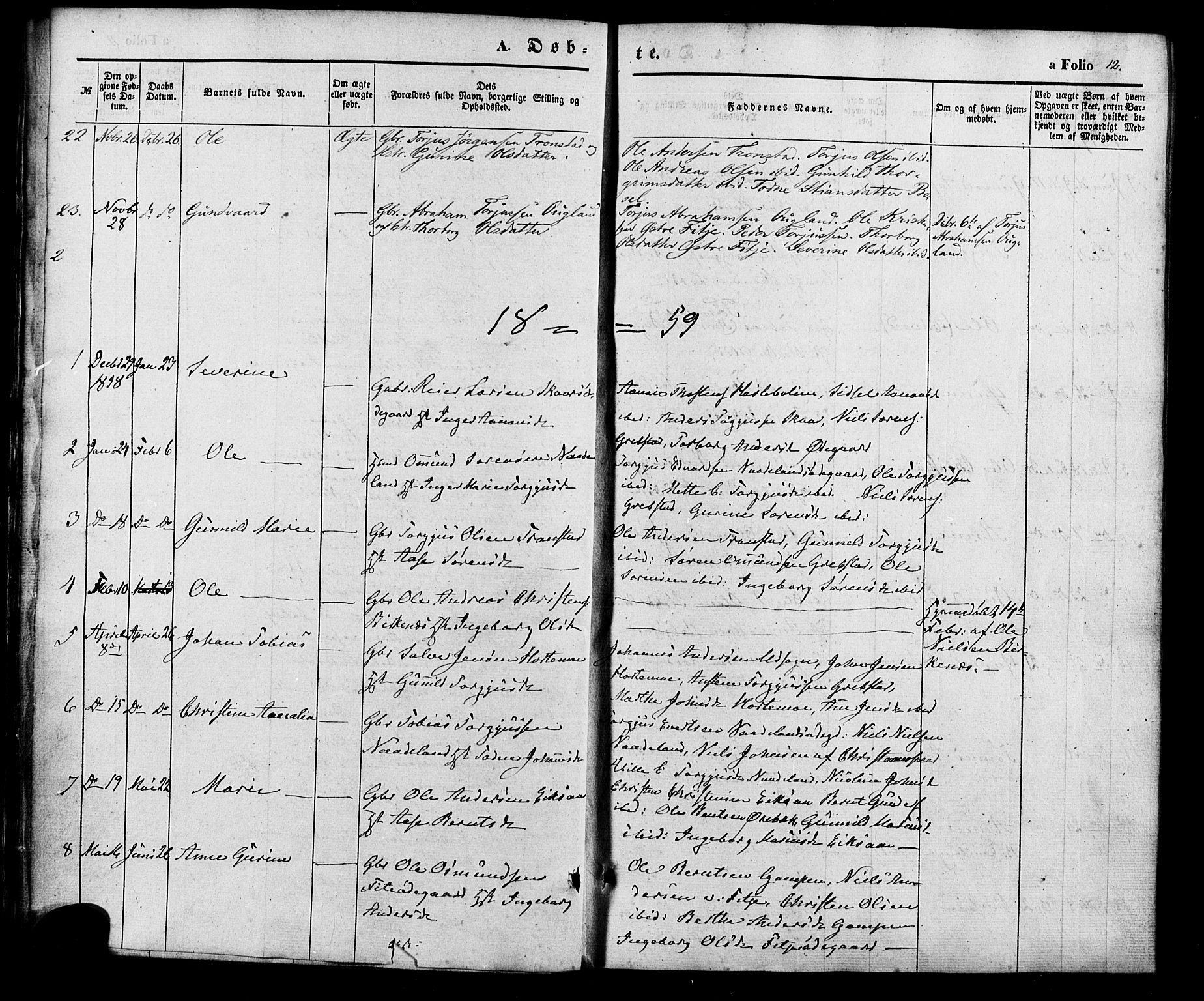 Søgne sokneprestkontor, SAK/1111-0037/F/Fa/Faa/L0002: Parish register (official) no. A 2, 1854-1882, p. 12