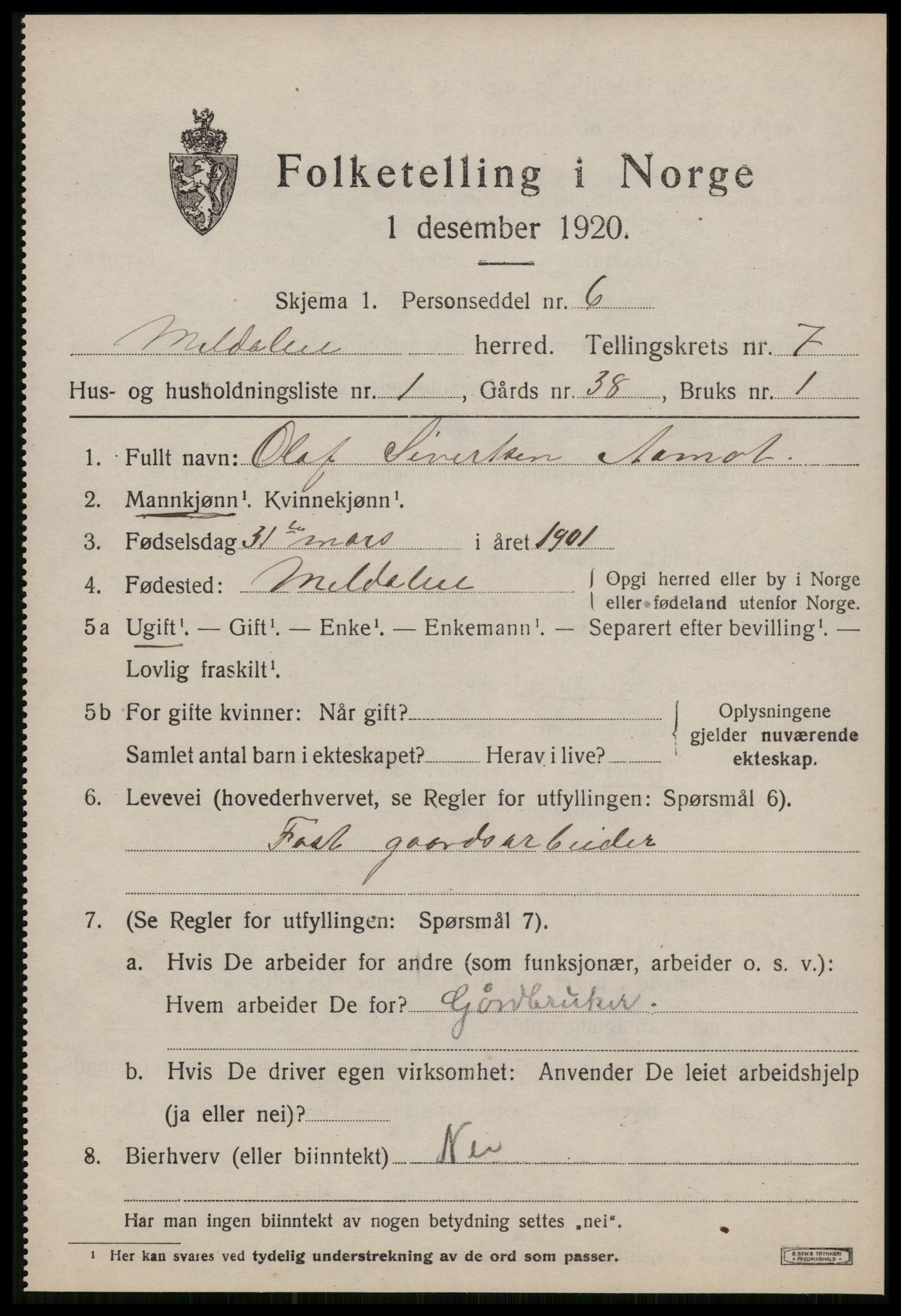 SAT, 1920 census for Meldal, 1920, p. 7295