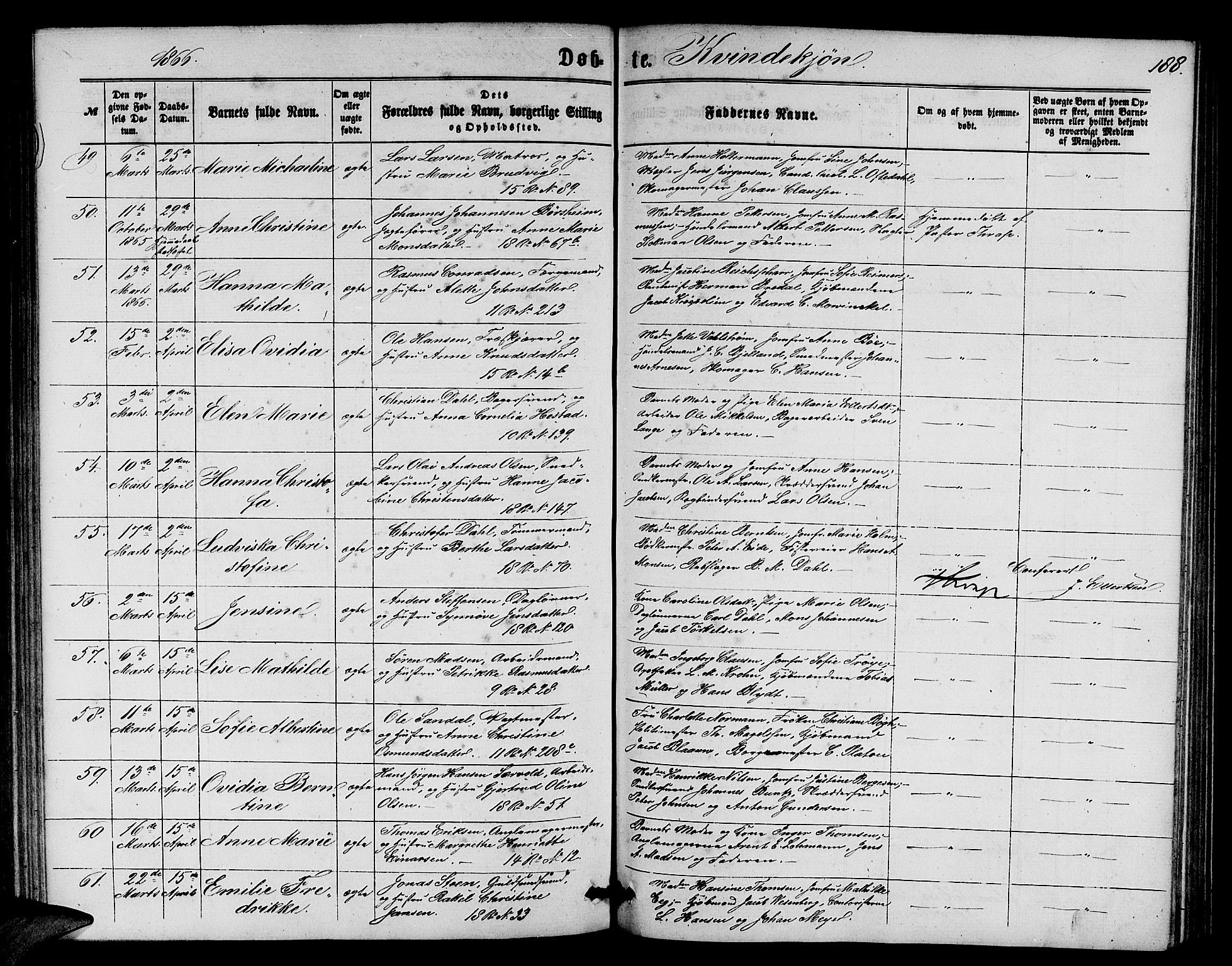 Domkirken sokneprestembete, SAB/A-74801/H/Hab/L0012: Parish register (copy) no. B 5, 1862-1869, p. 188
