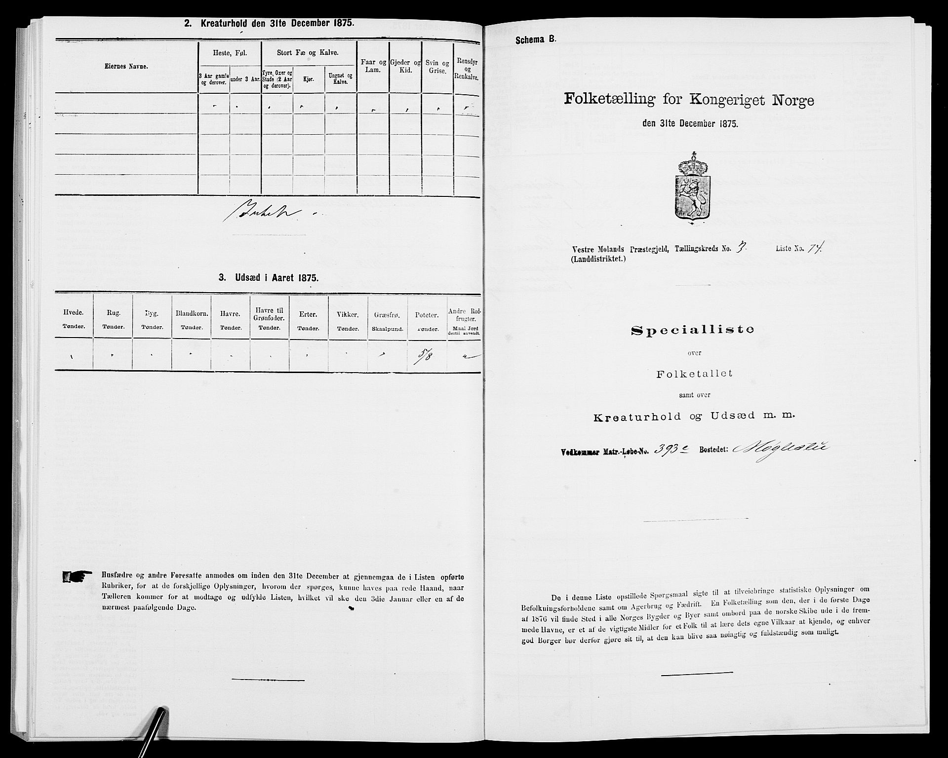 SAK, 1875 census for 0926L Vestre Moland/Vestre Moland, 1875, p. 542