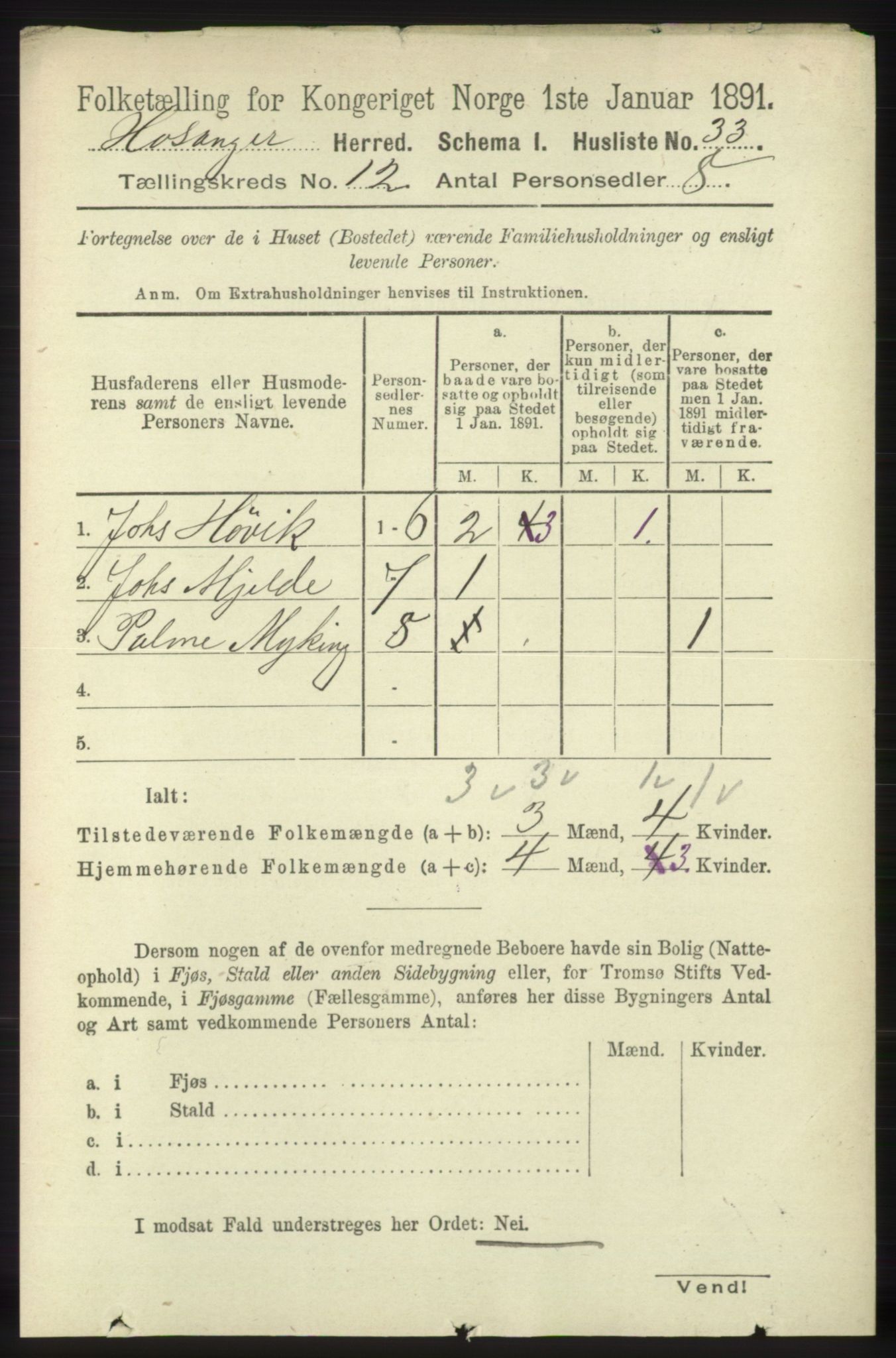 RA, 1891 census for 1253 Hosanger, 1891, p. 3995