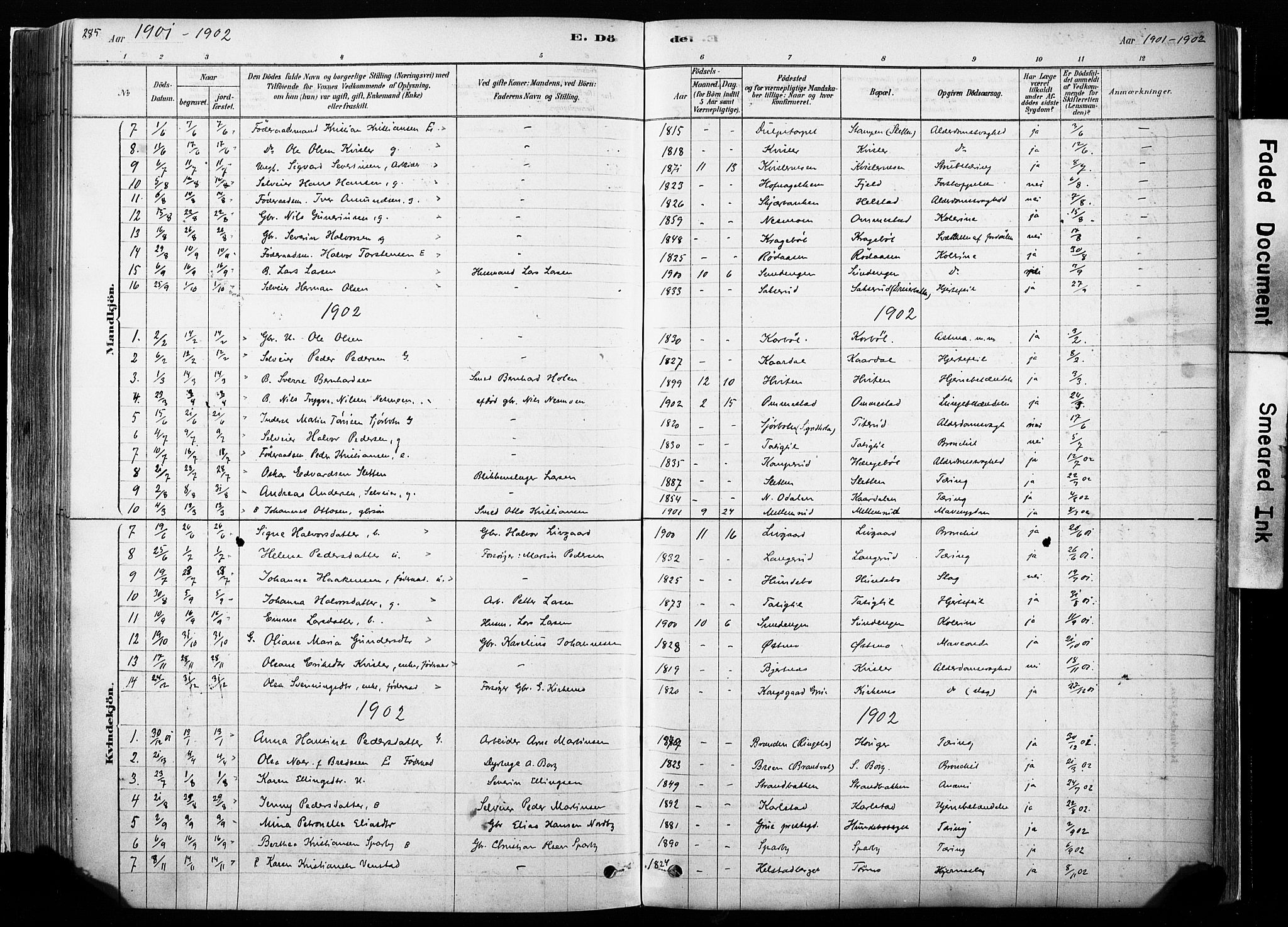 Hof prestekontor, SAH/PREST-038/H/Ha/Haa/L0010: Parish register (official) no. 10, 1878-1909, p. 285