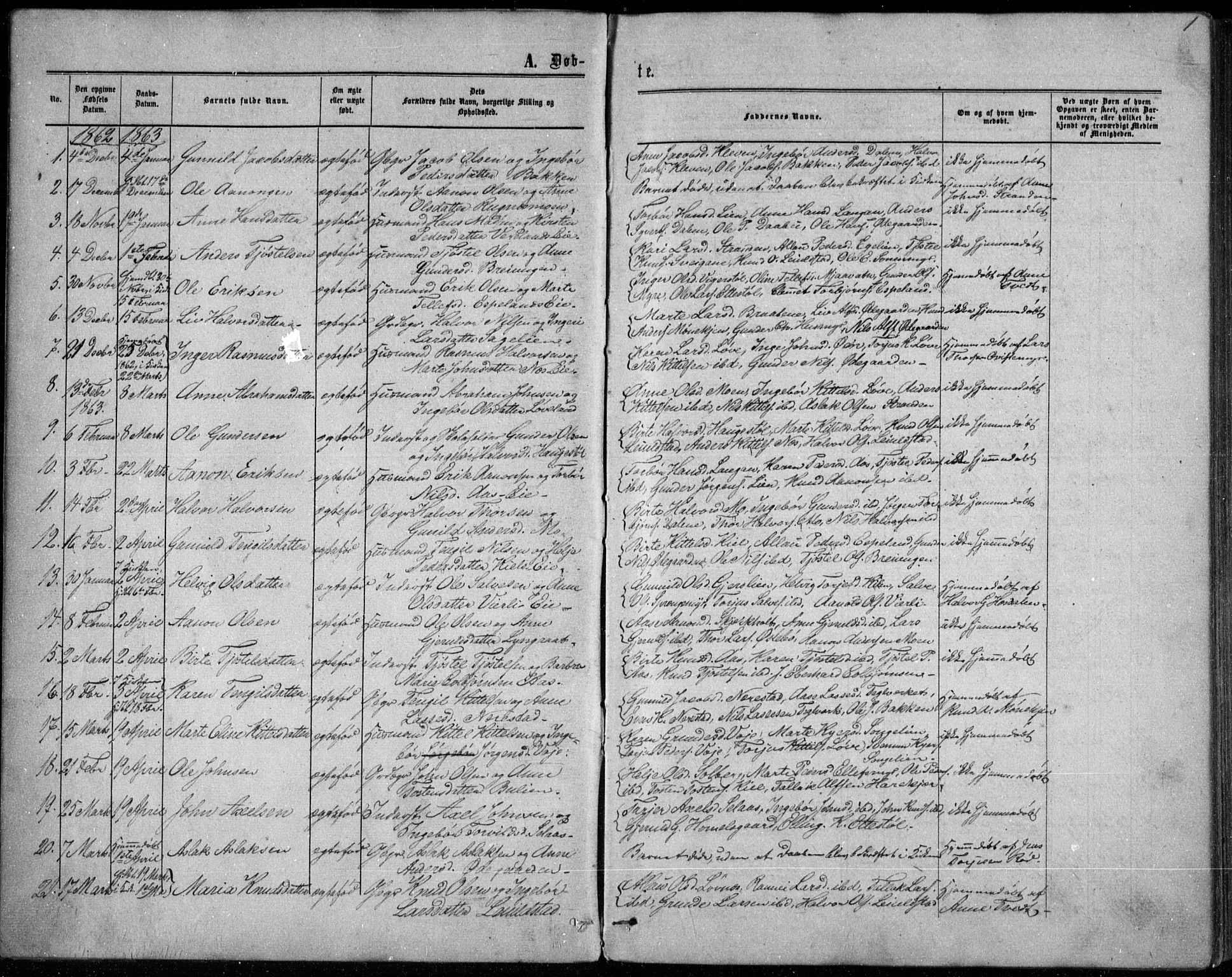 Gjerstad sokneprestkontor, SAK/1111-0014/F/Fb/Fbb/L0003: Parish register (copy) no. B 3, 1862-1889, p. 1