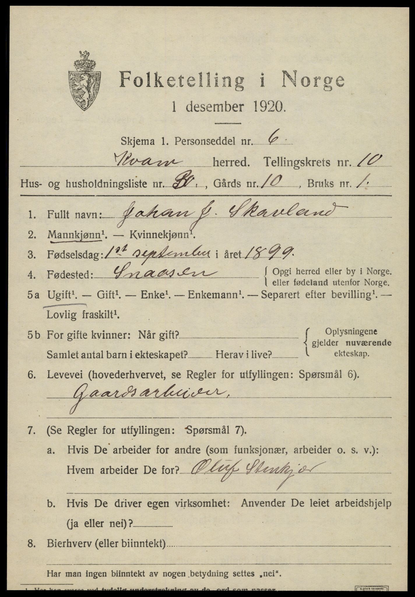 SAT, 1920 census for Kvam, 1920, p. 2539