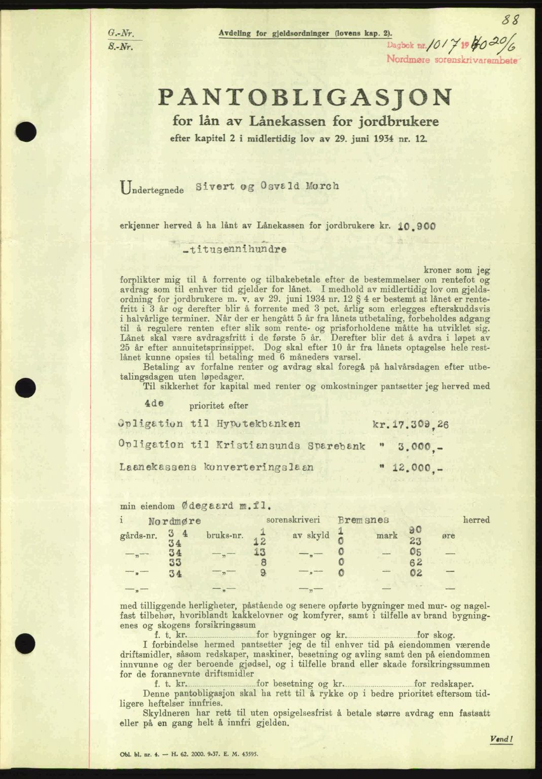 Nordmøre sorenskriveri, AV/SAT-A-4132/1/2/2Ca: Mortgage book no. B87, 1940-1941, Diary no: : 1017/1940