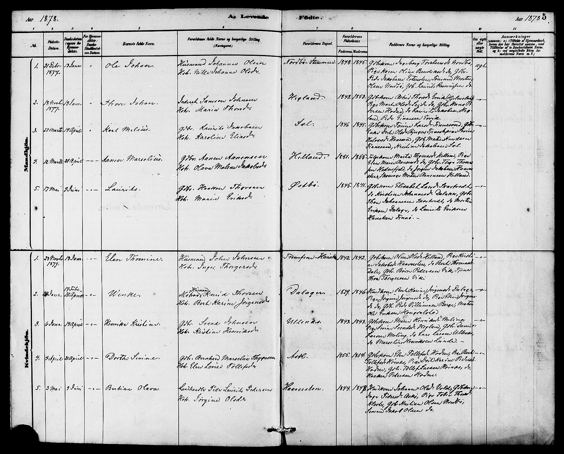 Rennesøy sokneprestkontor, SAST/A -101827/H/Ha/Haa/L0007: Parish register (official) no. A 7, 1878-1884, p. 5