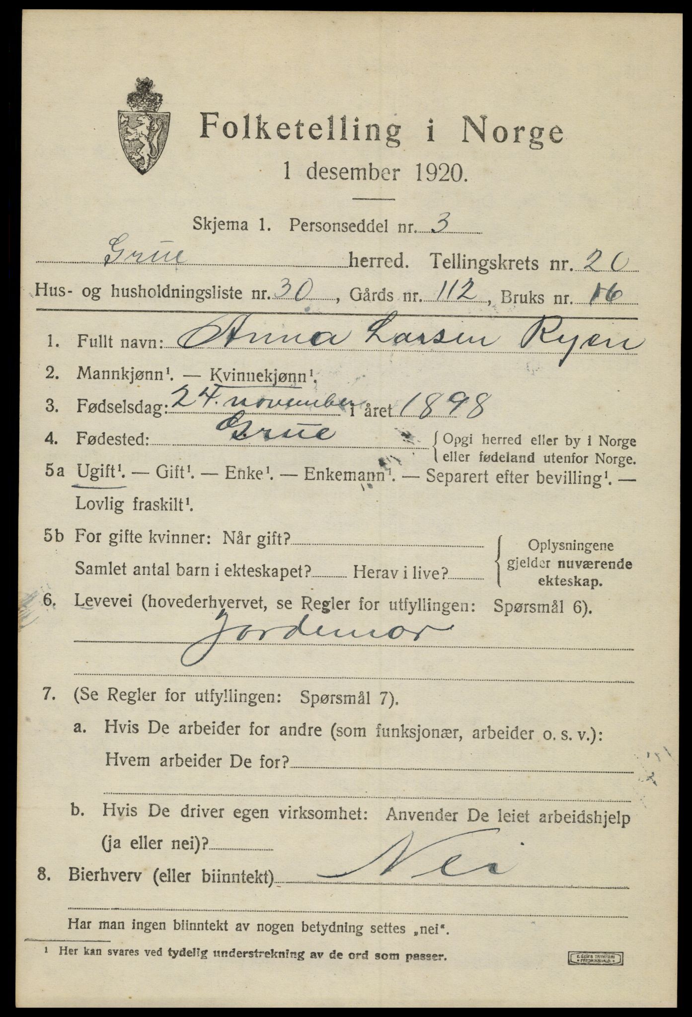 SAH, 1920 census for Grue, 1920, p. 15277