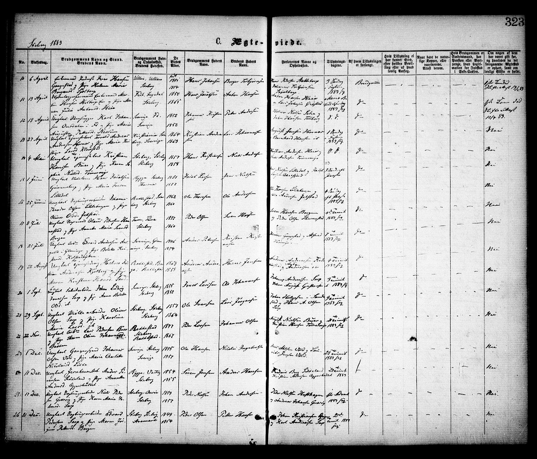 Skjeberg prestekontor Kirkebøker, SAO/A-10923/F/Fa/L0008: Parish register (official) no. I 8, 1869-1885, p. 323