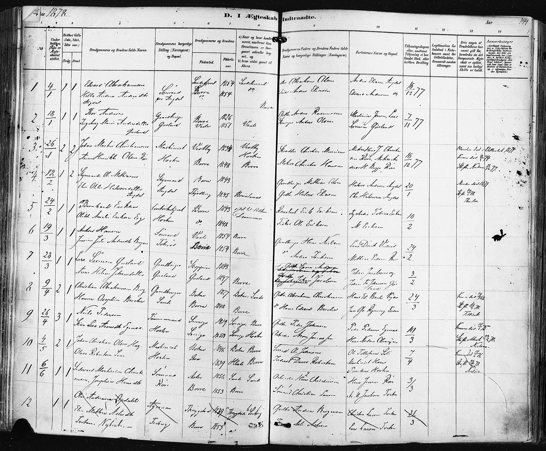 Borre kirkebøker, SAKO/A-338/F/Fa/L0009: Parish register (official) no. I 9, 1878-1896, p. 144