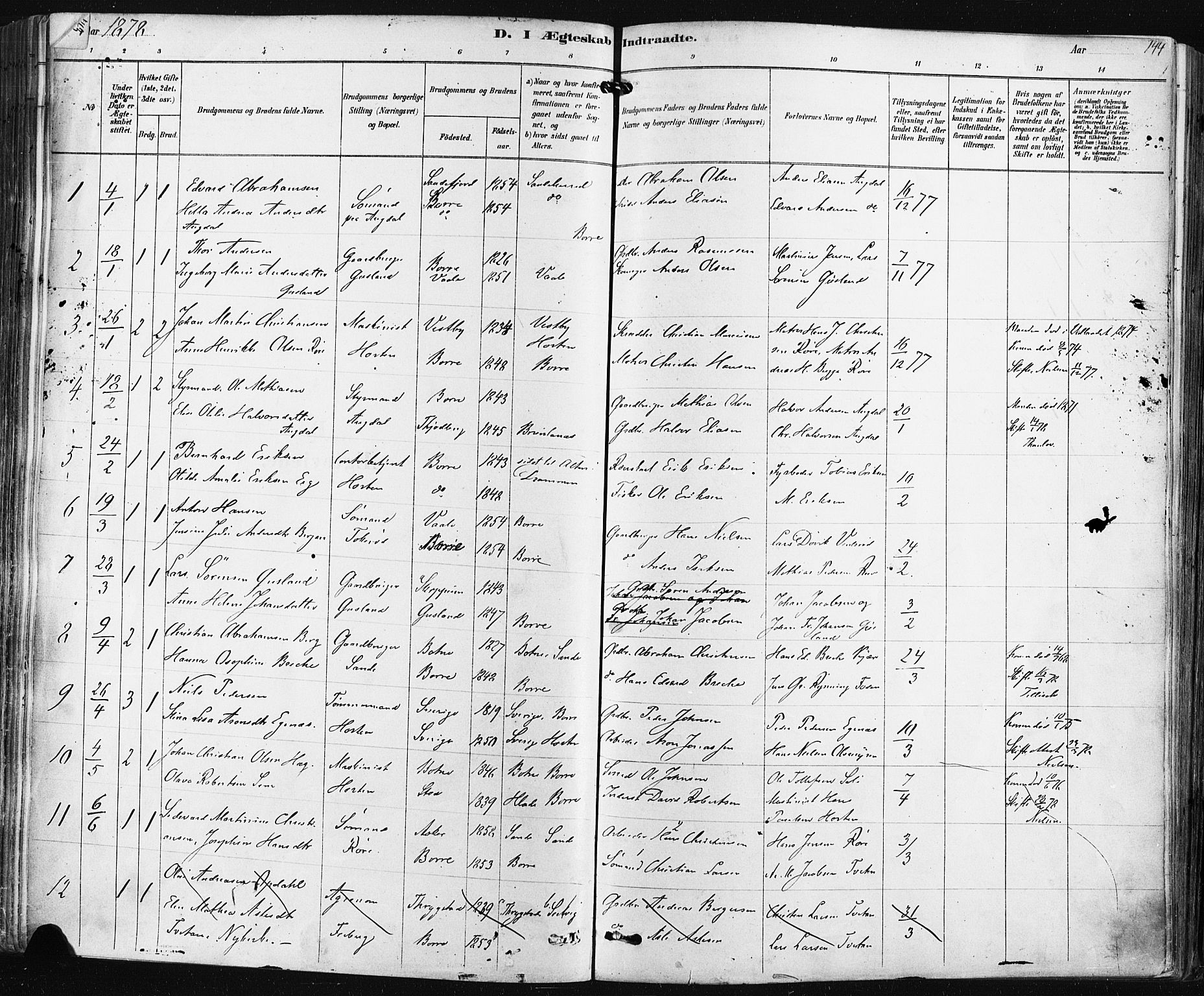 Borre kirkebøker, AV/SAKO-A-338/F/Fa/L0009: Parish register (official) no. I 9, 1878-1896, p. 144