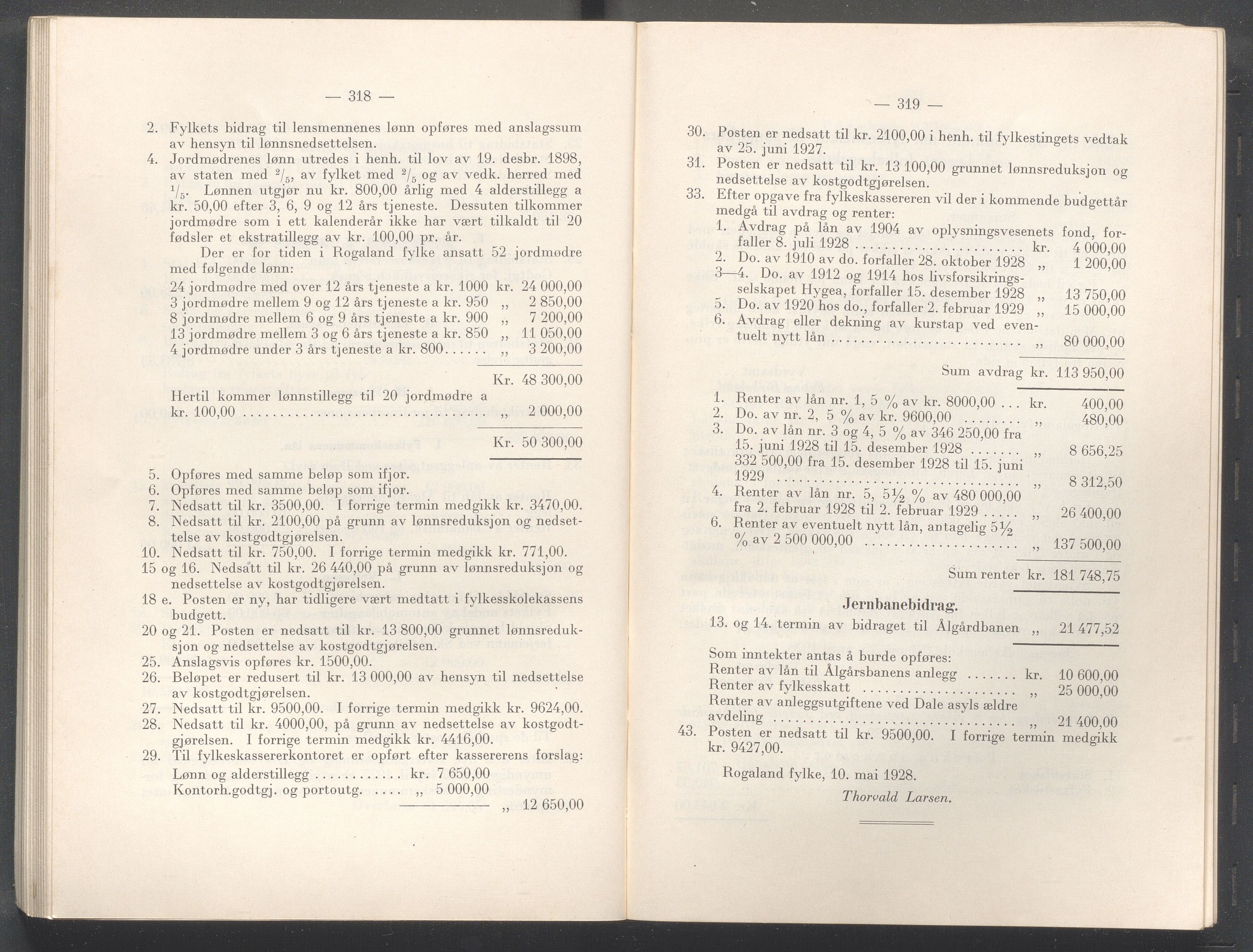 Rogaland fylkeskommune - Fylkesrådmannen , IKAR/A-900/A/Aa/Aaa/L0047: Møtebok , 1928, p. 318-319