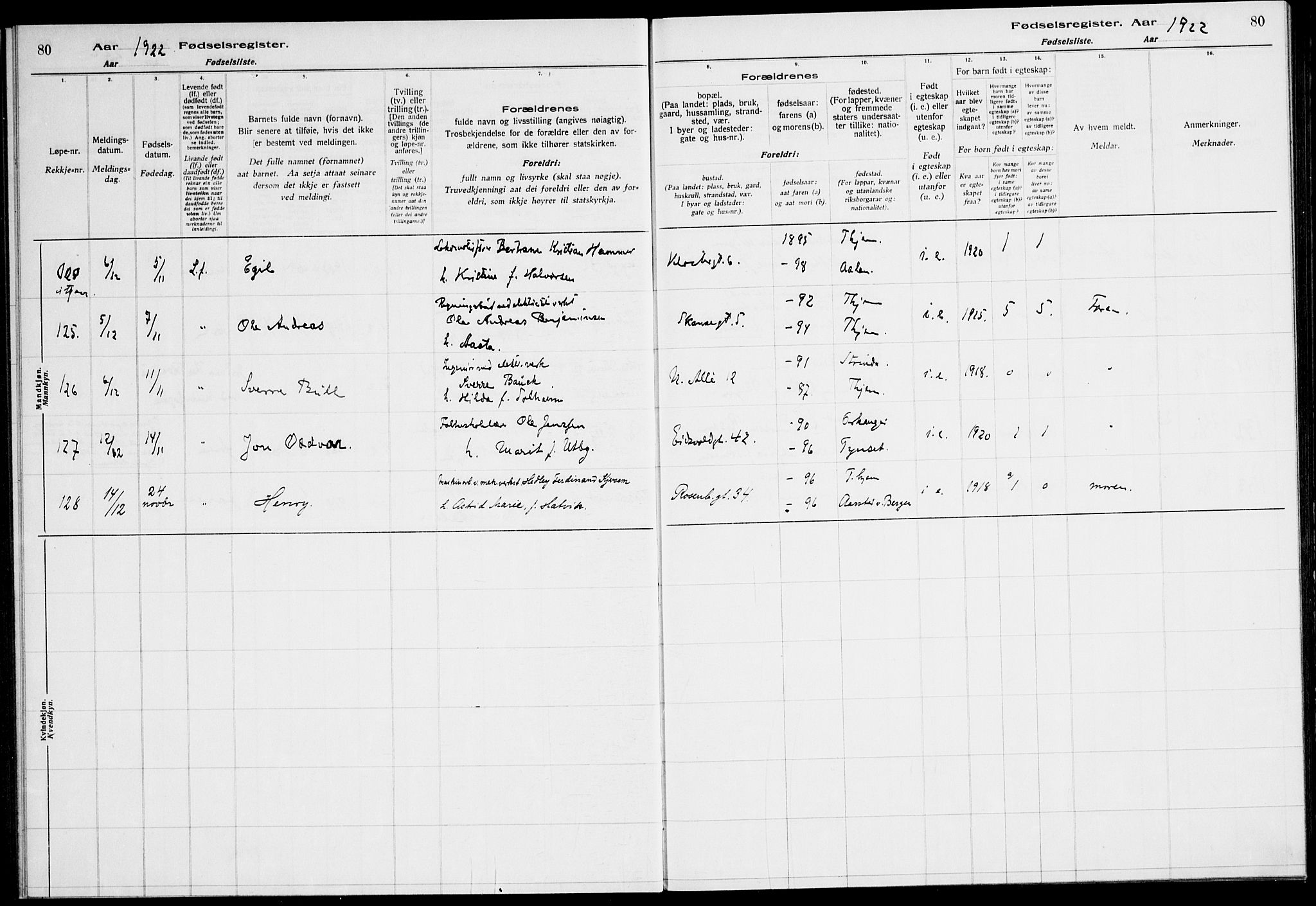 Ministerialprotokoller, klokkerbøker og fødselsregistre - Sør-Trøndelag, AV/SAT-A-1456/604/L0233: Birth register no. 604.II.4.2, 1920-1928, p. 80