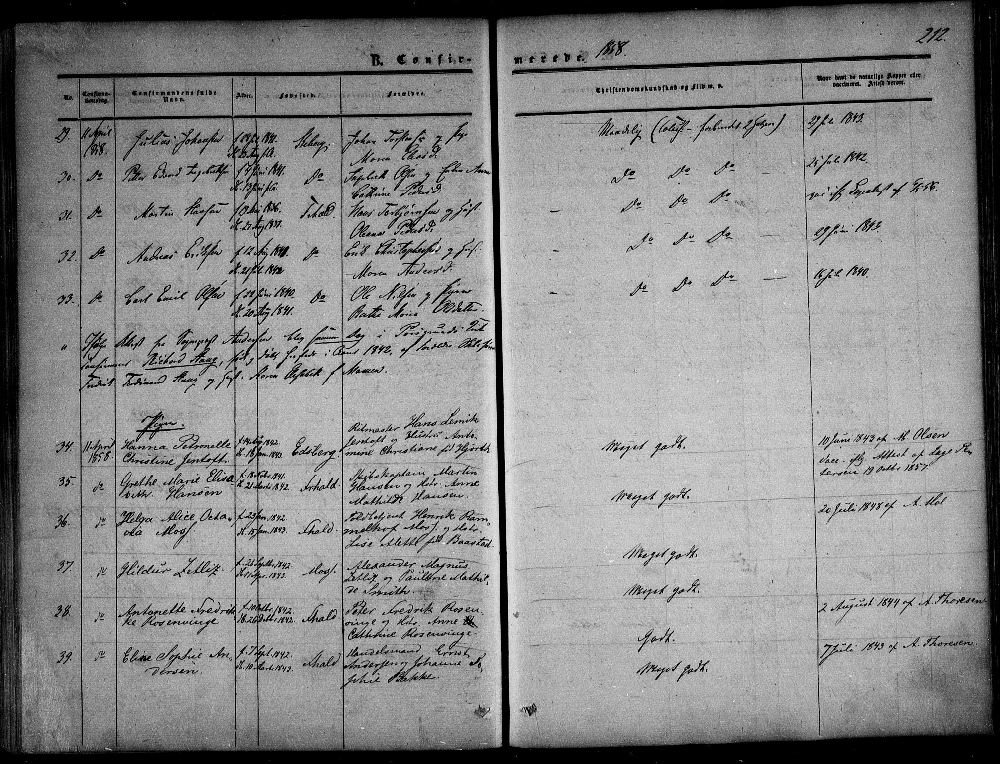 Halden prestekontor Kirkebøker, AV/SAO-A-10909/F/Fa/L0007: Parish register (official) no. I 7, 1857-1865, p. 212