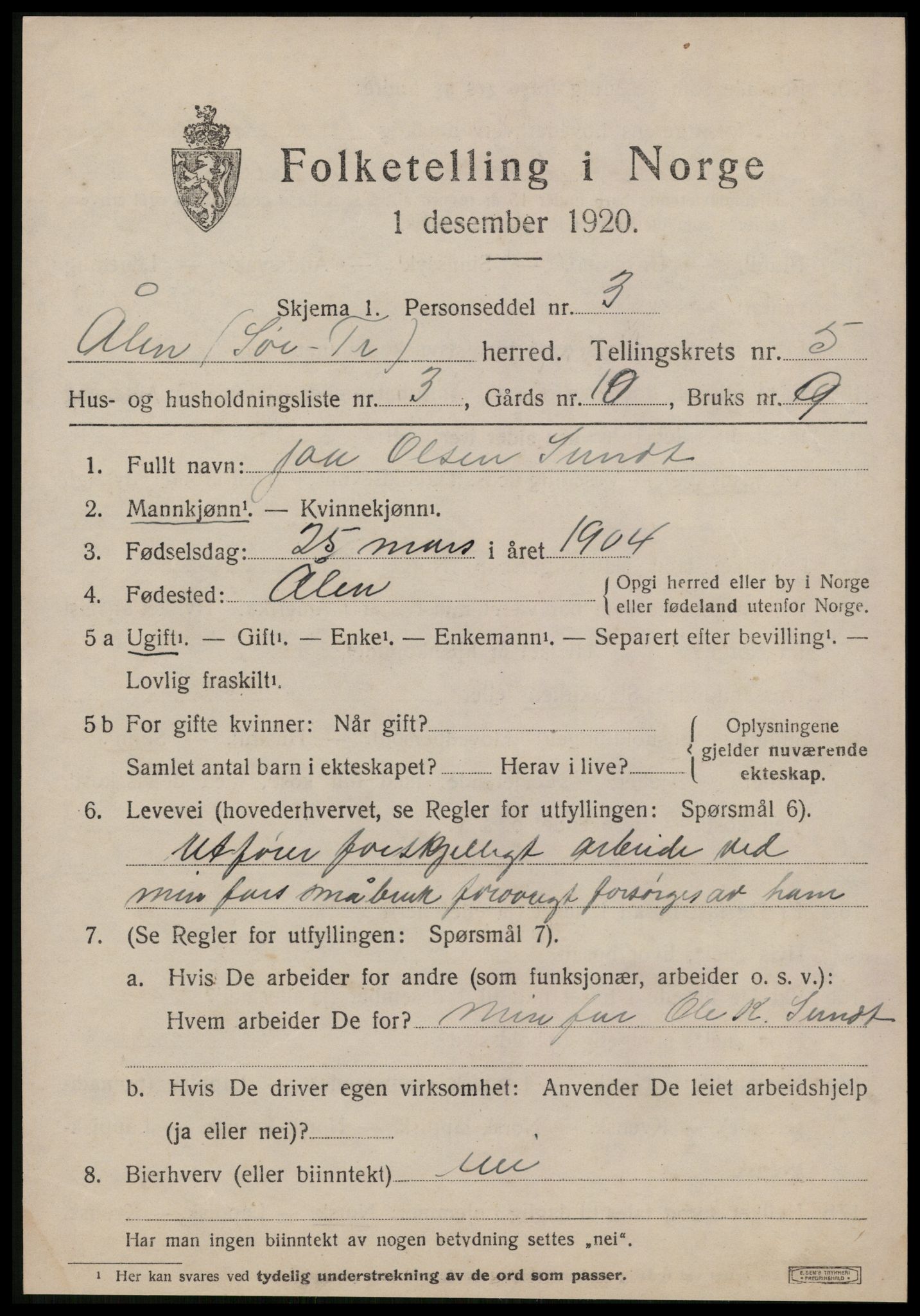 SAT, 1920 census for Ålen, 1920, p. 2358