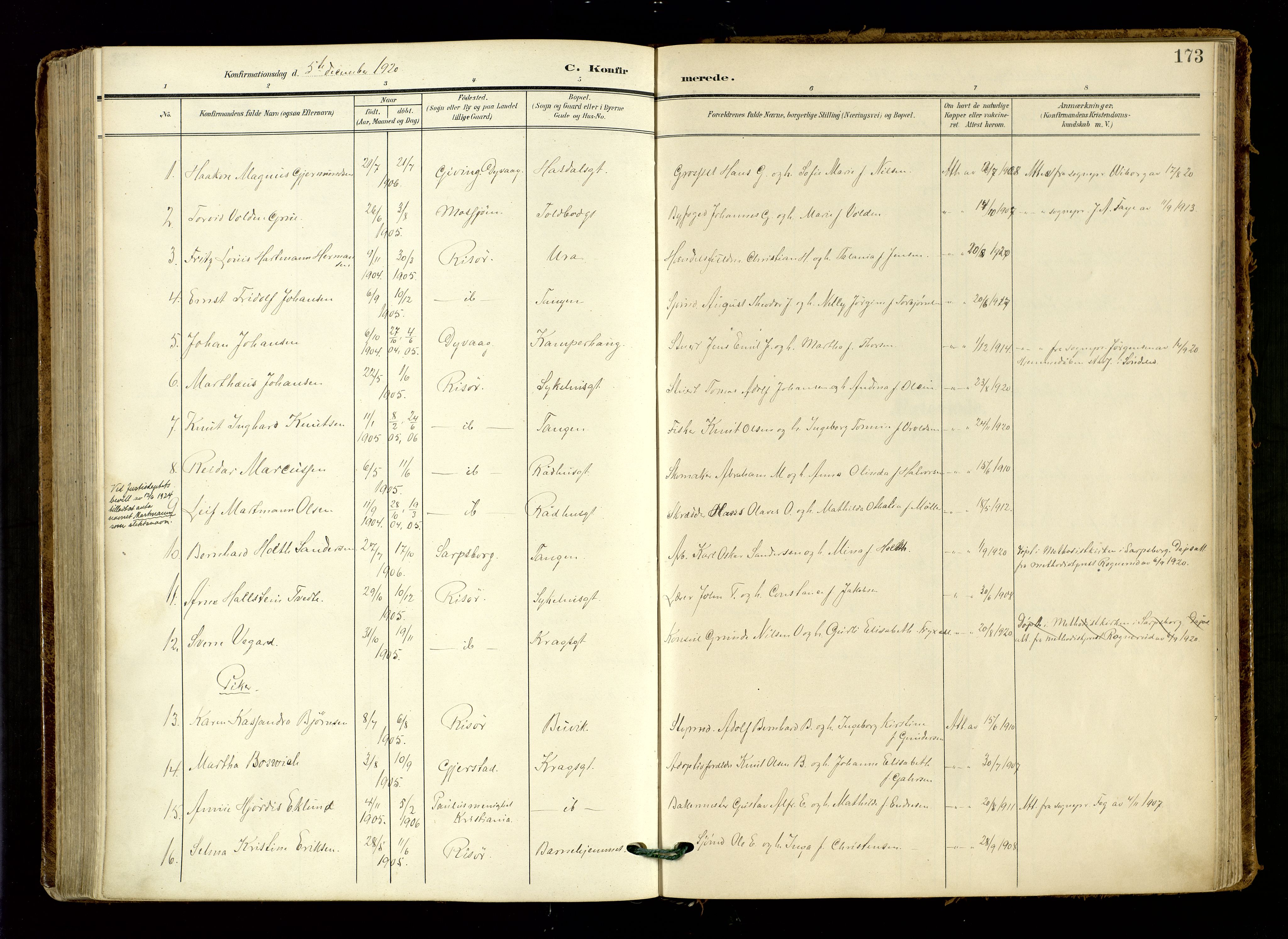 Risør sokneprestkontor, AV/SAK-1111-0035/F/Fa/L0011: Parish register (official) no. A 11, 1907-1920, p. 173