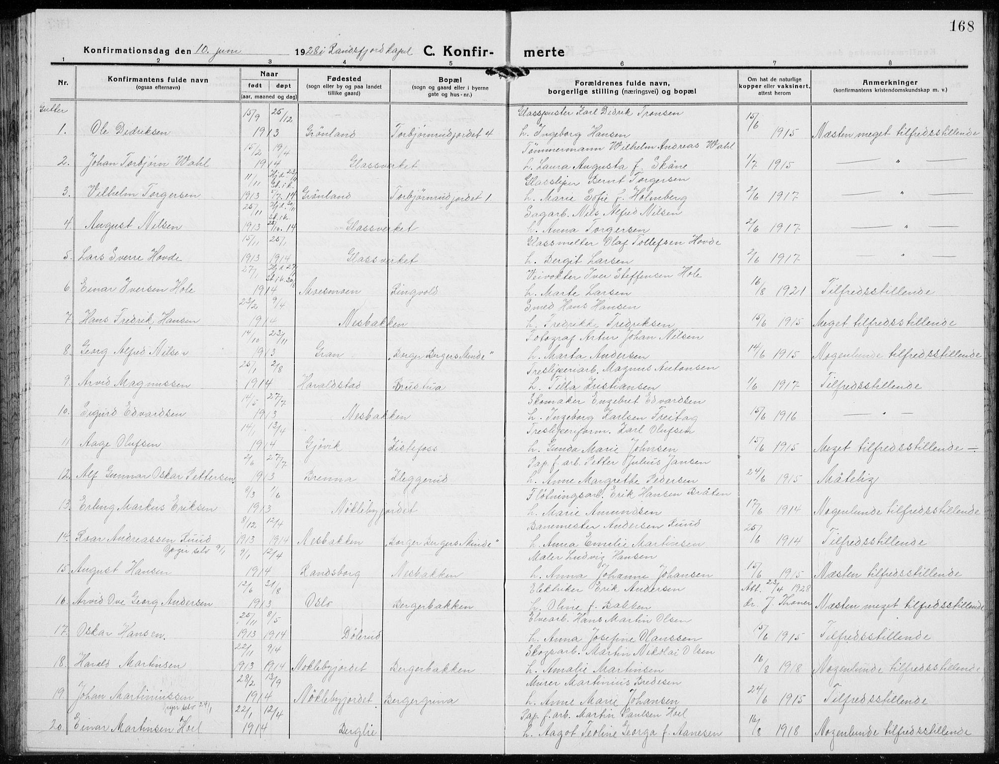 Jevnaker prestekontor, SAH/PREST-116/H/Ha/Hab/L0005: Parish register (copy) no. 5, 1919-1934, p. 168