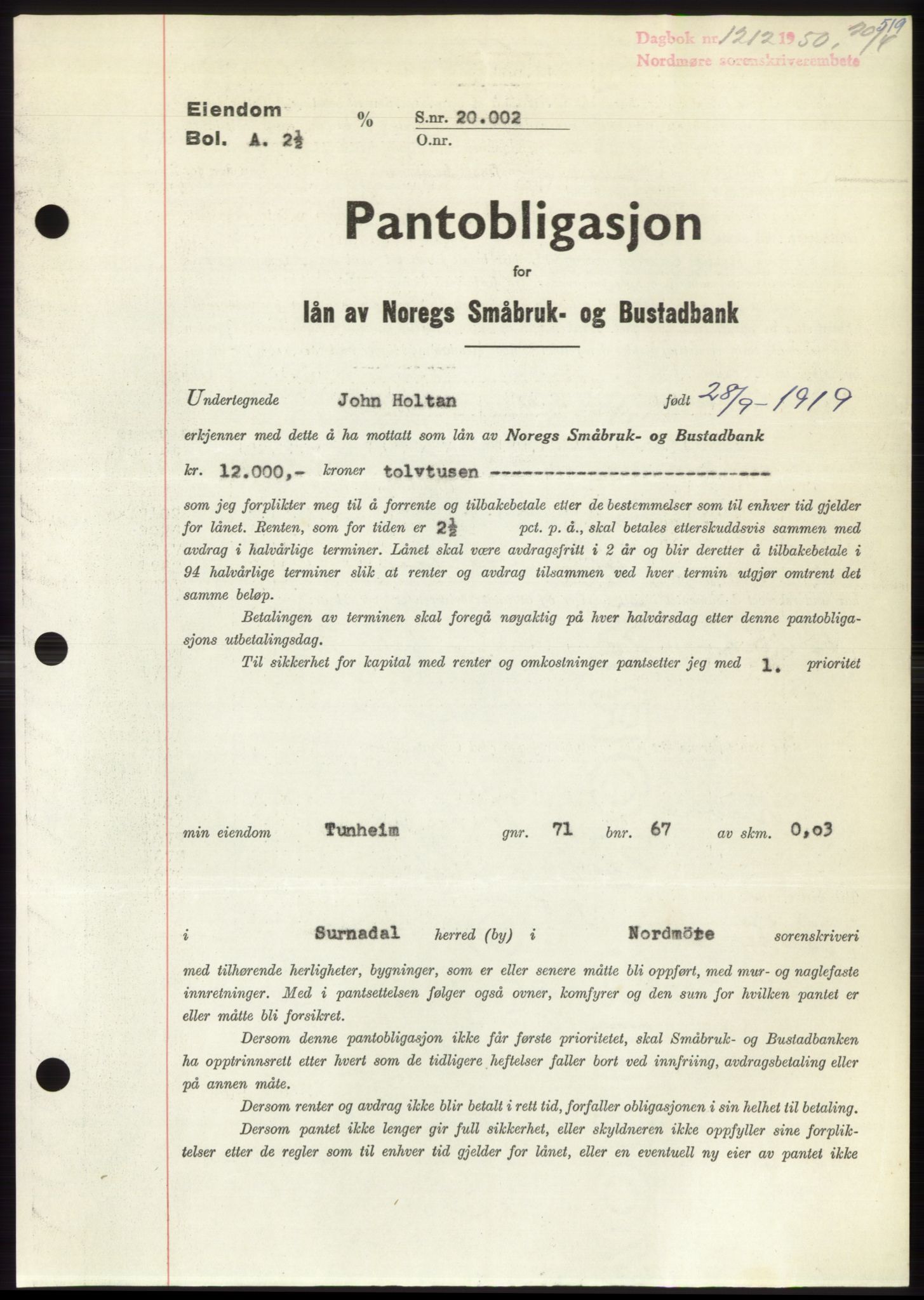 Nordmøre sorenskriveri, AV/SAT-A-4132/1/2/2Ca: Mortgage book no. B104, 1950-1950, Diary no: : 1212/1950