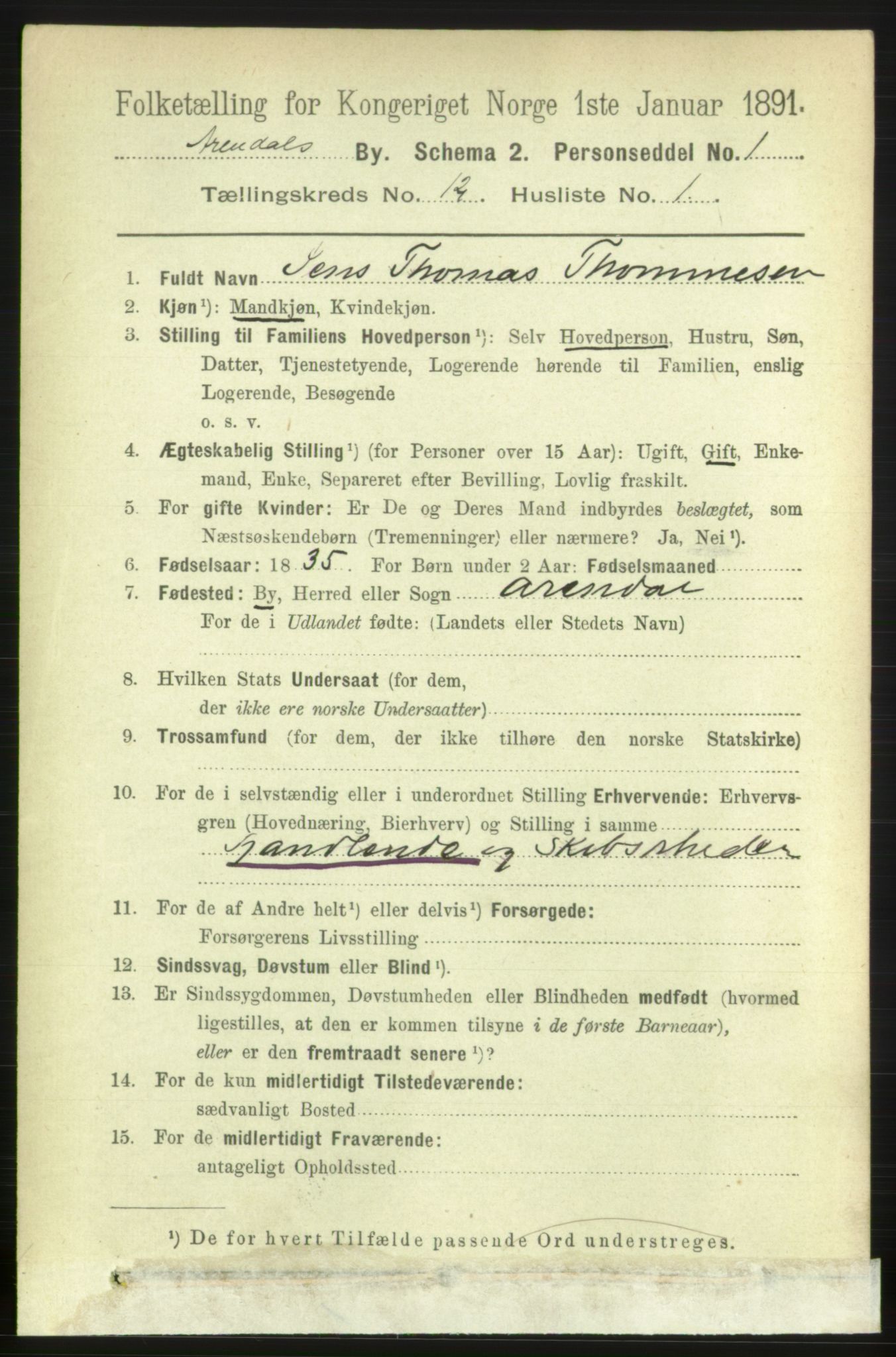 RA, 1891 census for 0903 Arendal, 1891, p. 4185