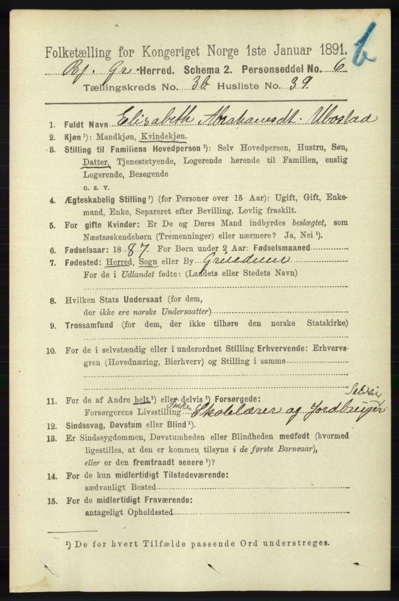 RA, 1891 census for 1024 Bjelland og Grindheim, 1891, p. 2021