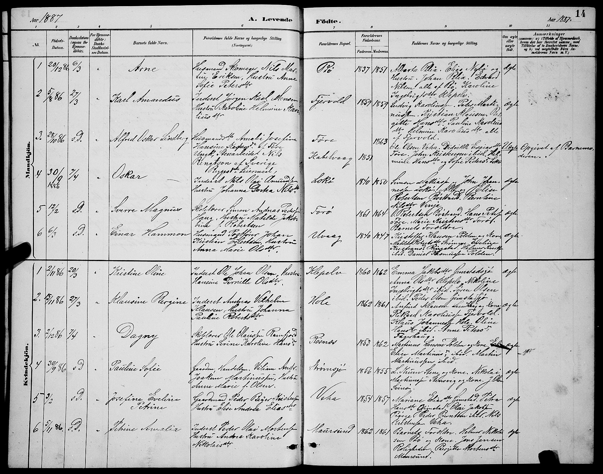 Ministerialprotokoller, klokkerbøker og fødselsregistre - Nordland, AV/SAT-A-1459/891/L1315: Parish register (copy) no. 891C04, 1886-1893, p. 14