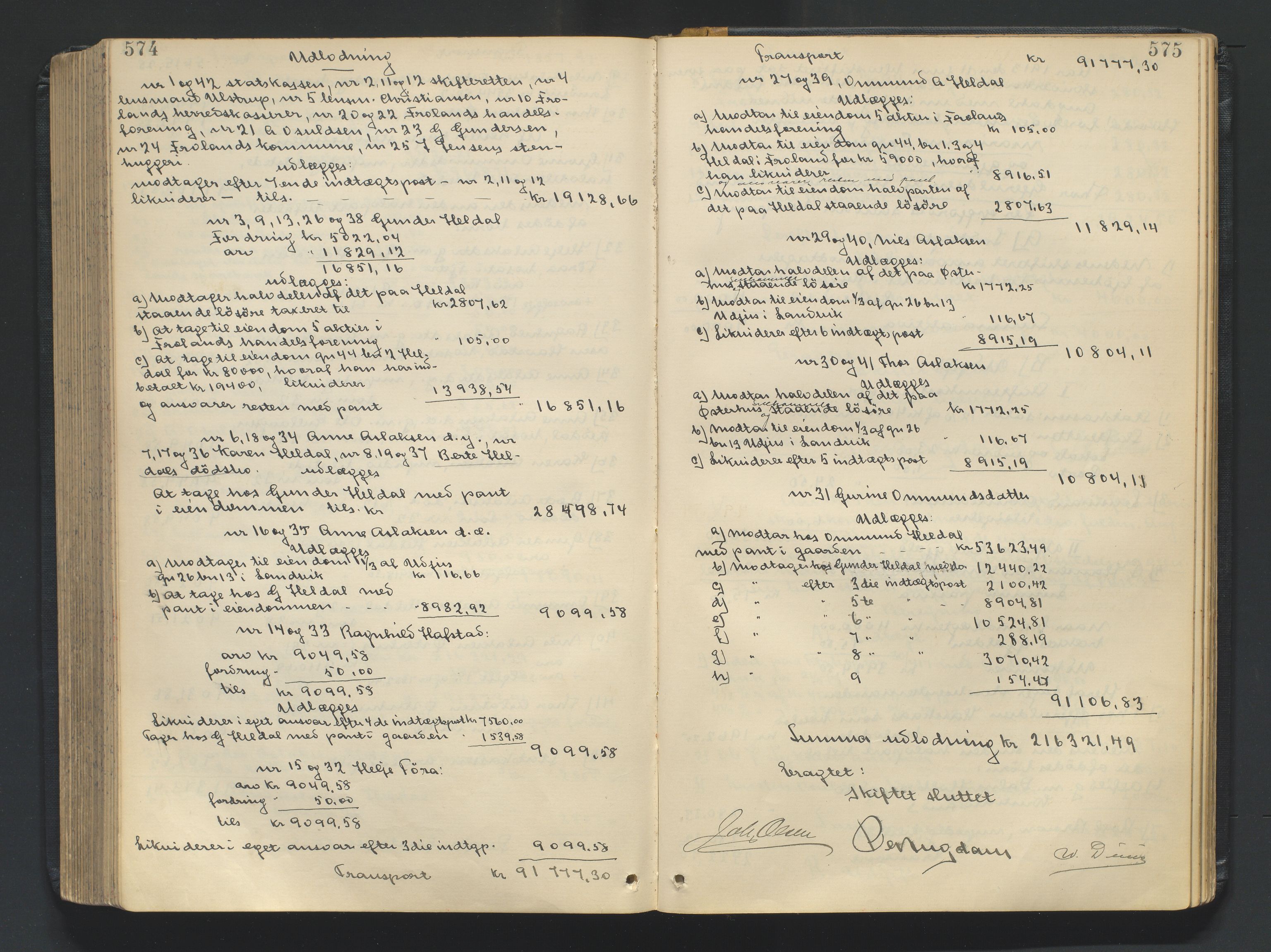 Nedenes sorenskriveri, AV/SAK-1221-0006/H/Hc/L0020: Skifteutlodningsprotokoll nr 6 med register, 1904-1913, p. 574-575