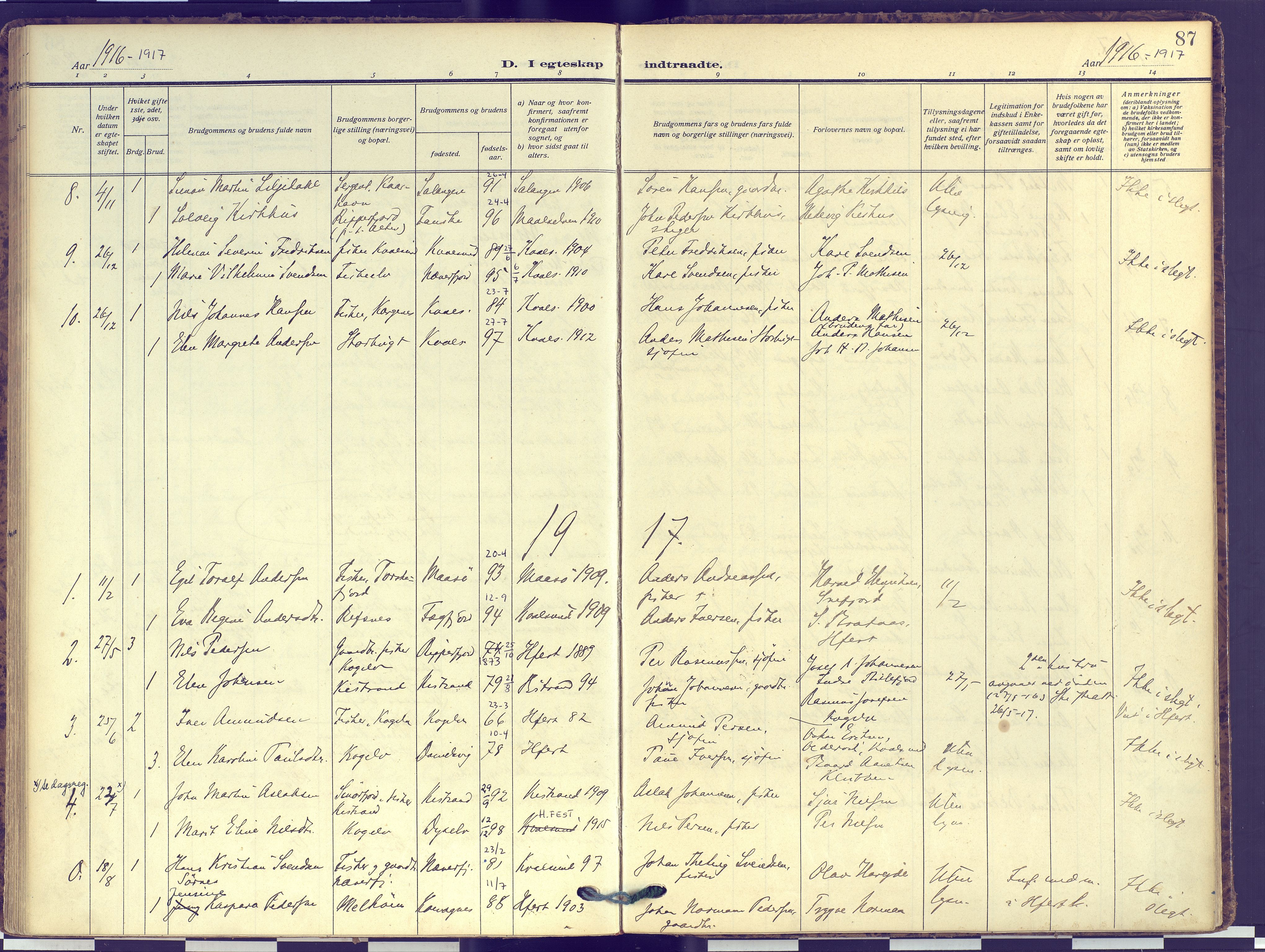 Hammerfest sokneprestkontor, SATØ/S-1347: Parish register (official) no. 16, 1908-1923, p. 87