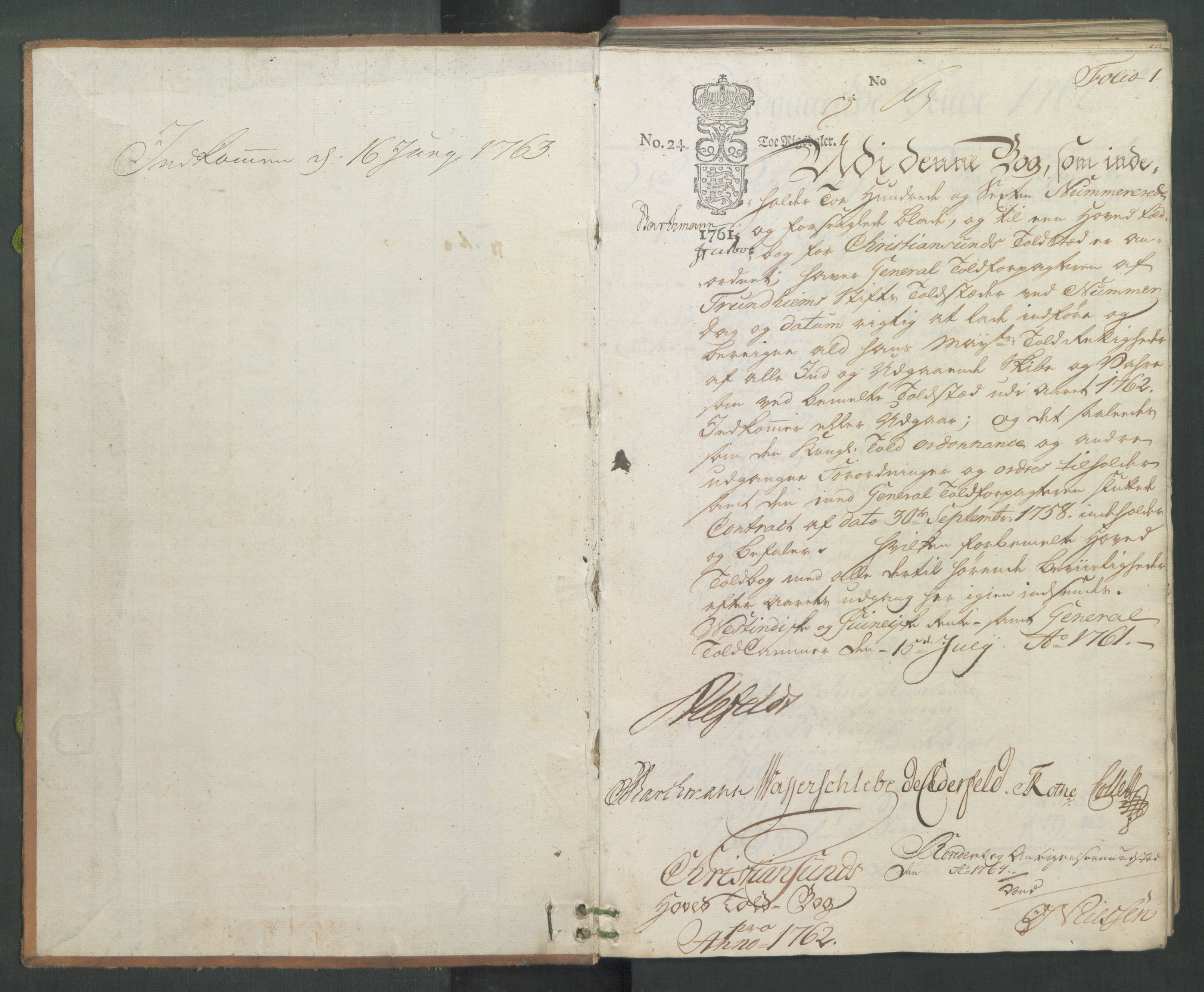 Generaltollkammeret, tollregnskaper, AV/RA-EA-5490/R32/L0019/0001: Tollregnskaper Kristiansund / Hovedtollbok, 1762, p. 1a