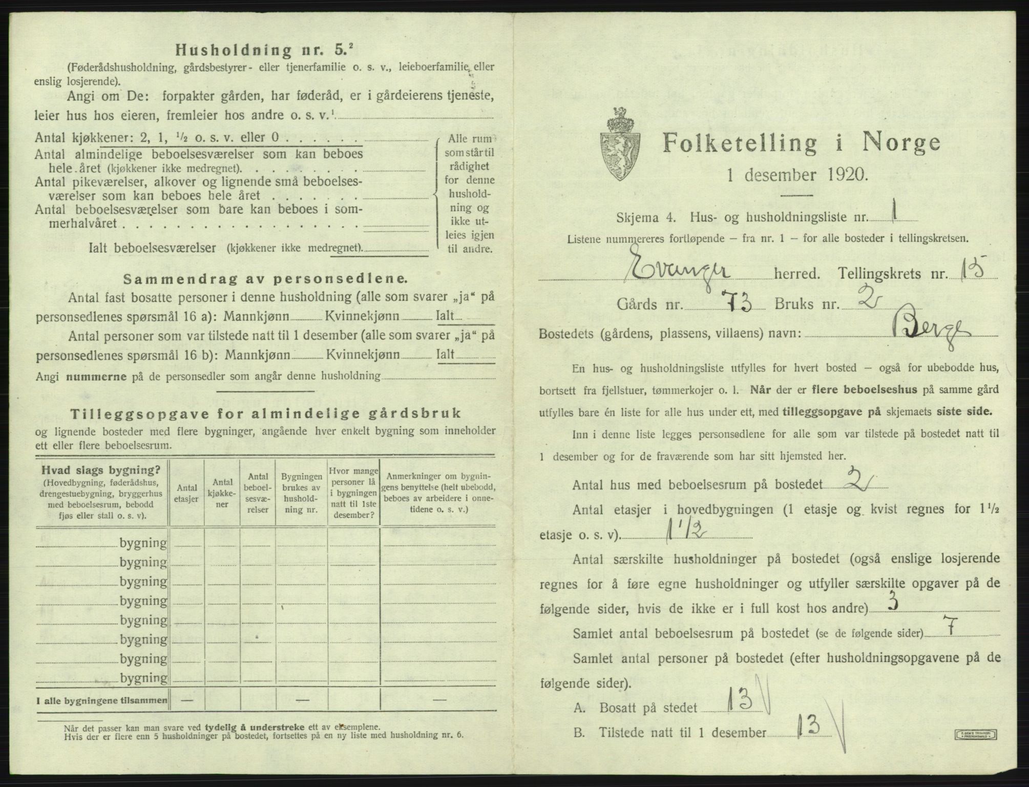 SAB, 1920 census for Evanger, 1920, p. 657