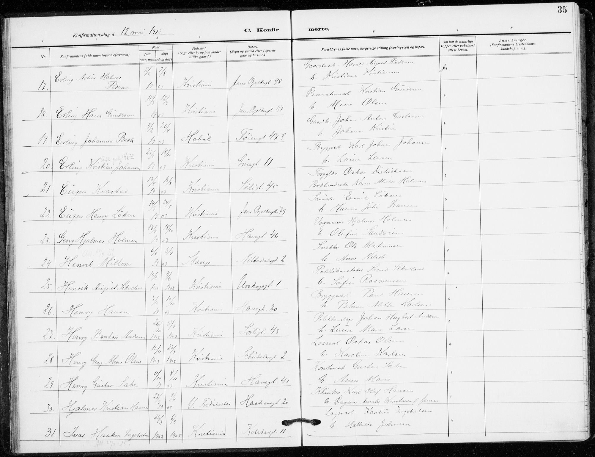 Kampen prestekontor Kirkebøker, AV/SAO-A-10853/F/Fa/L0013: Parish register (official) no. I 13, 1917-1922, p. 35