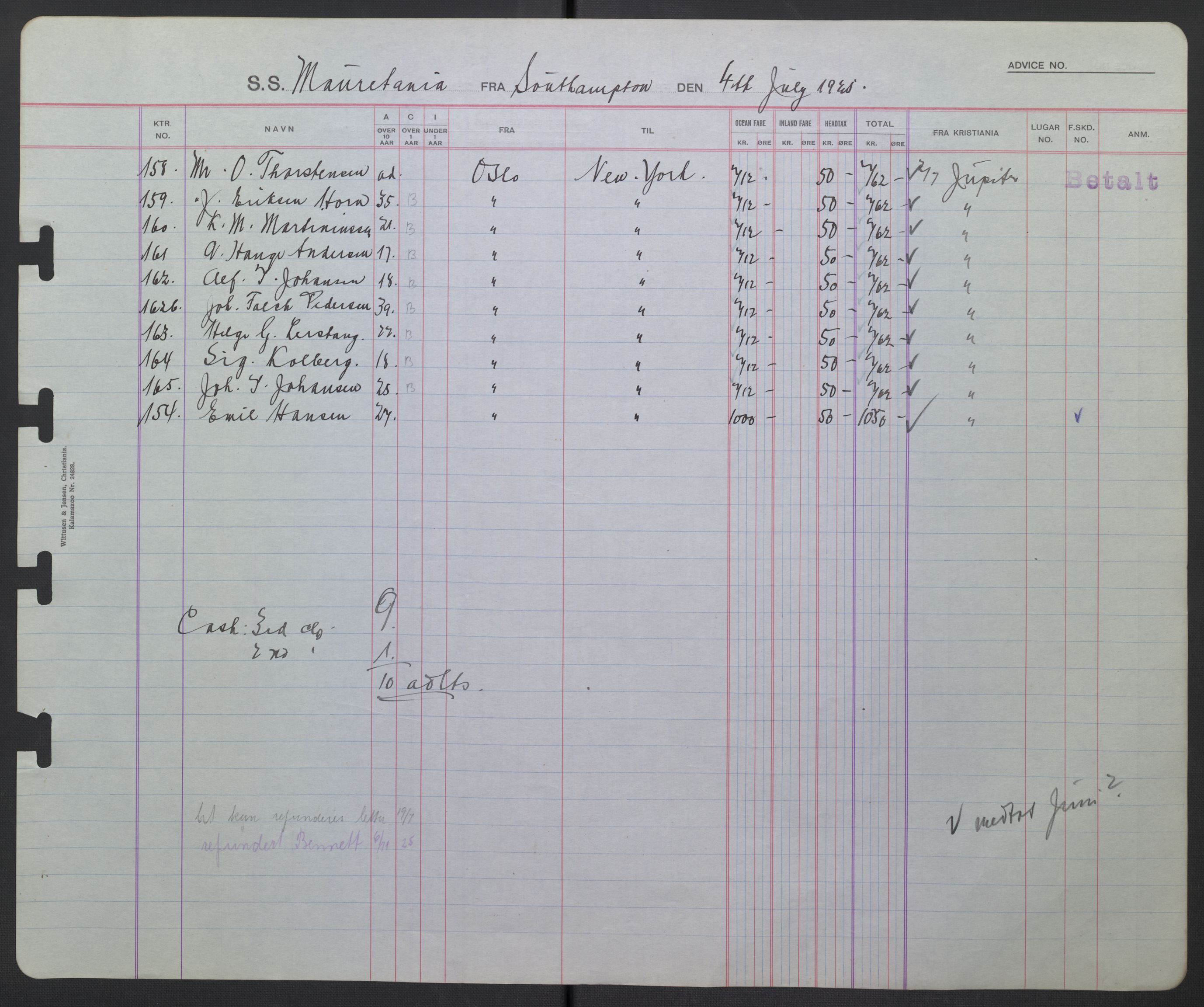 White Star-linjen, AV/SAO-PAO-0201/D/Db/L0002: Passasjerlister, 1924-1927, p. 144