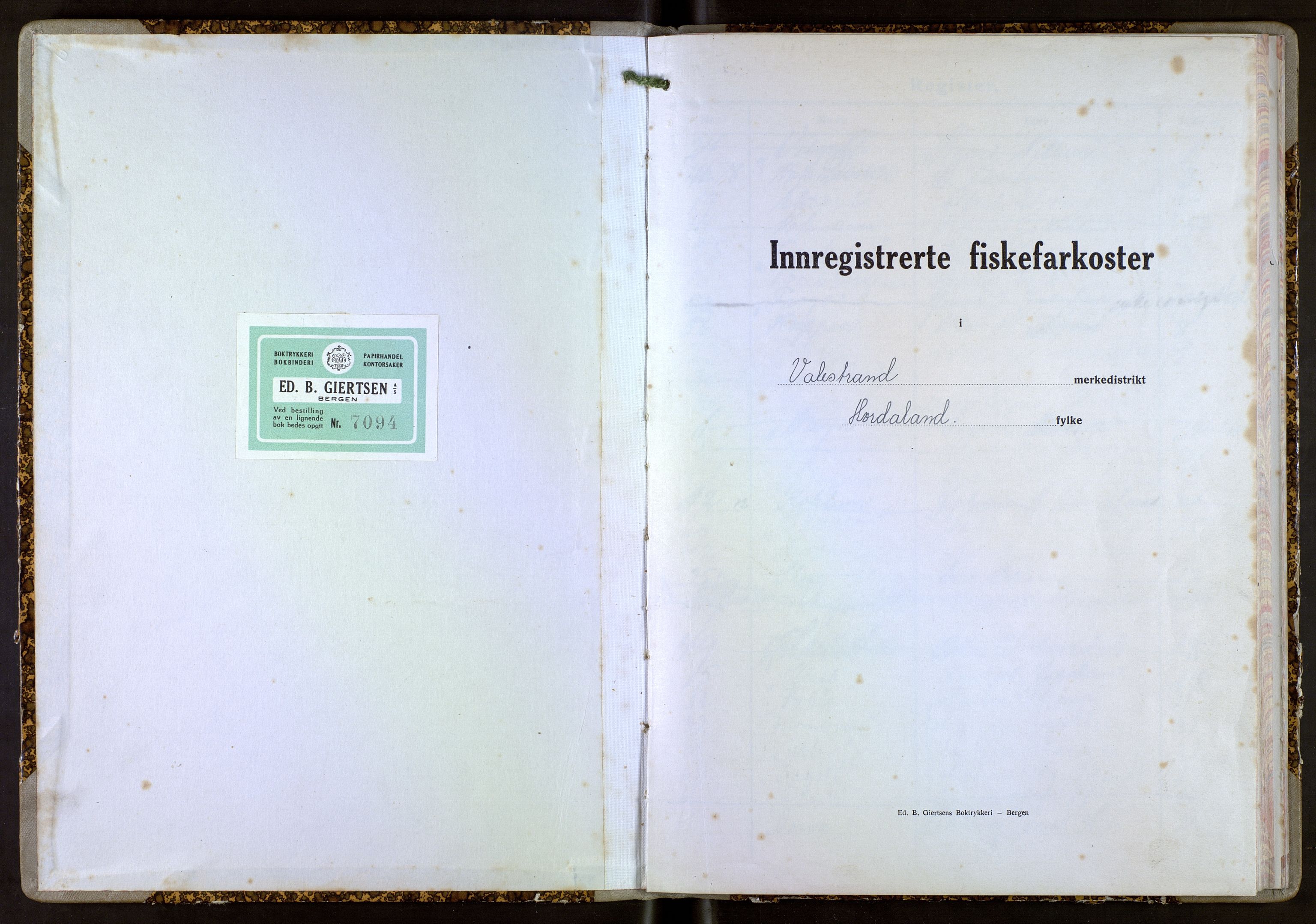 Fiskeridirektoratet - 1 Adm. ledelse - 13 Båtkontoret, SAB/A-2003/I/Ia/Iah/L0141: 135.0851/3 Merkeprotokoll - Valestrand, 1947-1958