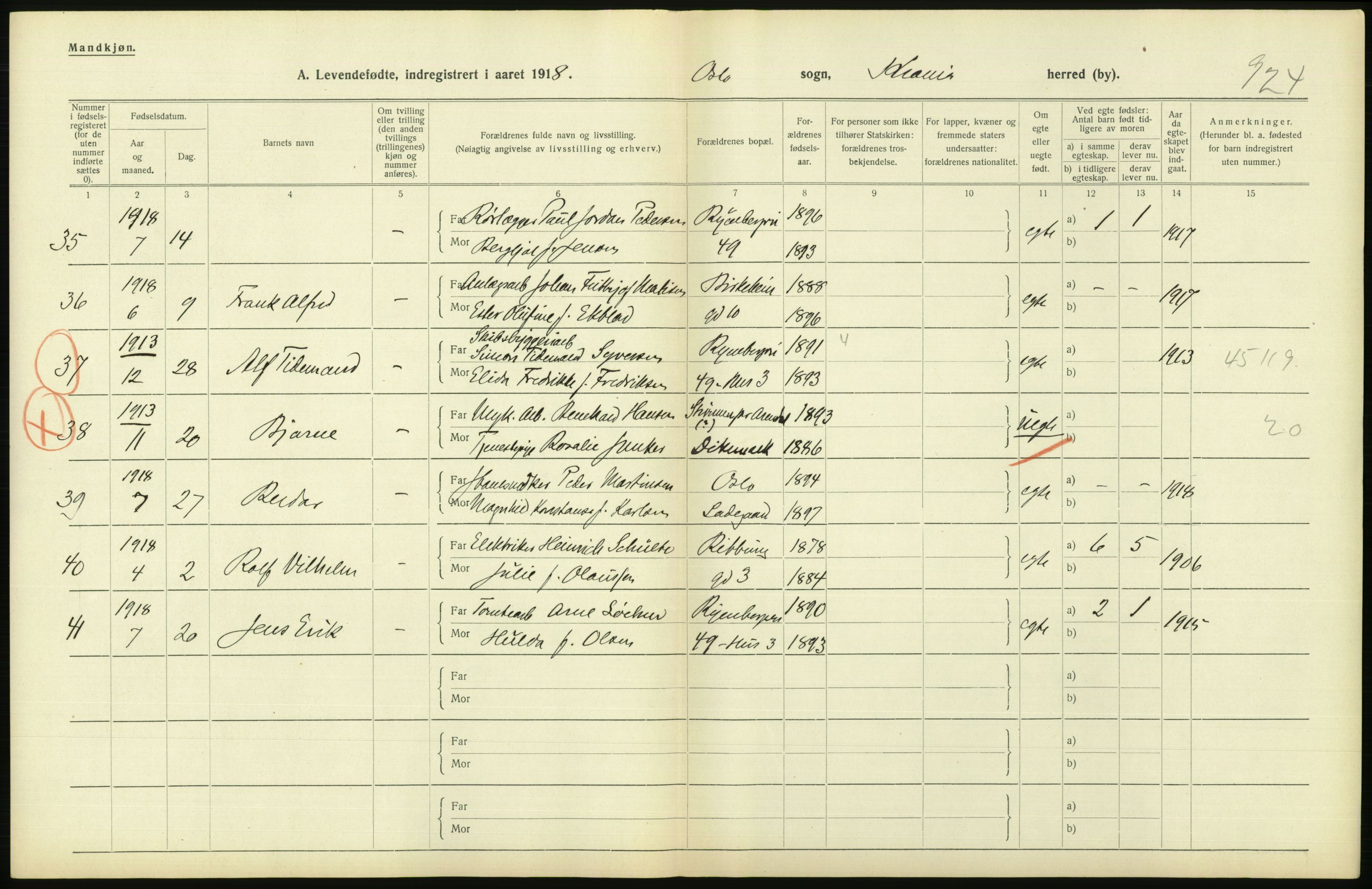 Statistisk sentralbyrå, Sosiodemografiske emner, Befolkning, AV/RA-S-2228/D/Df/Dfb/Dfbh/L0008: Kristiania: Levendefødte menn og kvinner., 1918, p. 730