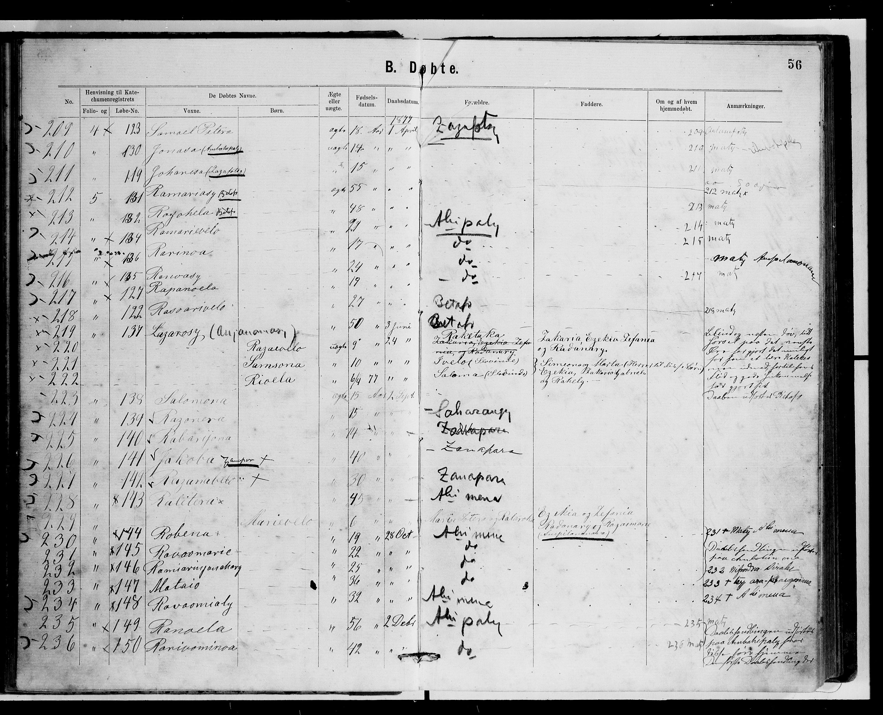 Archives FLM/NMS, Madagaskar, VID/MA-A-1163/D/Db/L0269: Parish register (official) no. 1, 1867-1884, p. 56