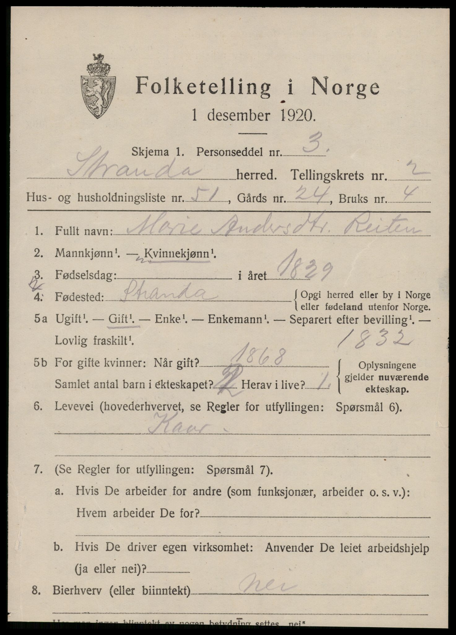 SAT, 1920 census for Stranda, 1920, p. 1587