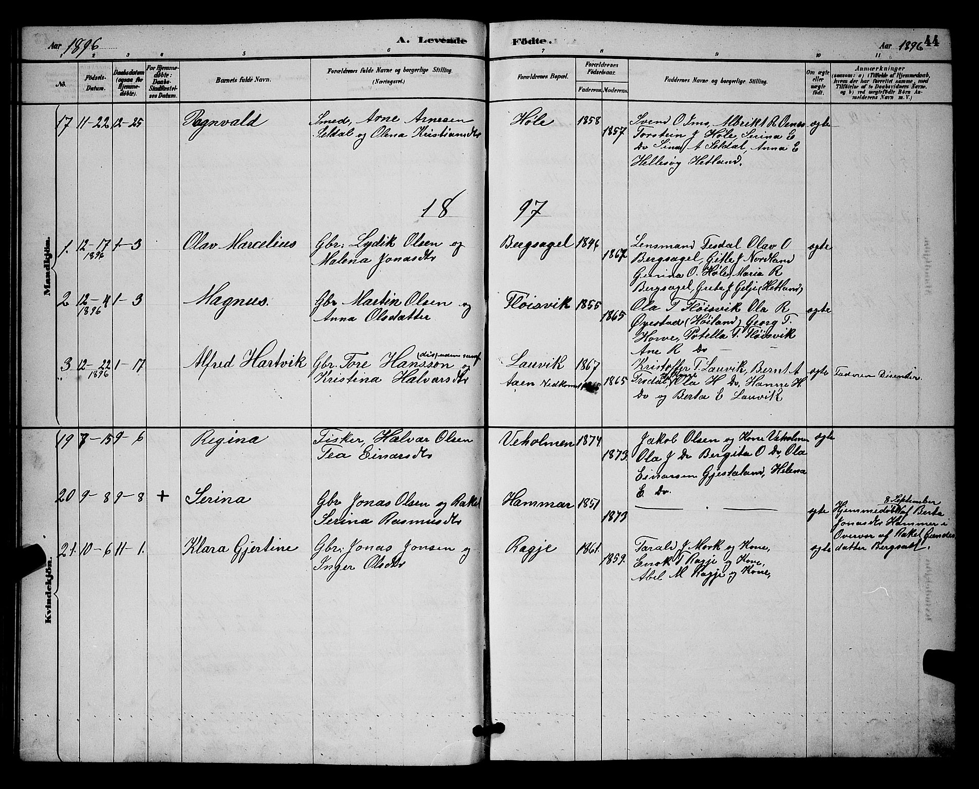 Høgsfjord sokneprestkontor, SAST/A-101624/H/Ha/Hab/L0003: Parish register (copy) no. B 3, 1886-1905, p. 44