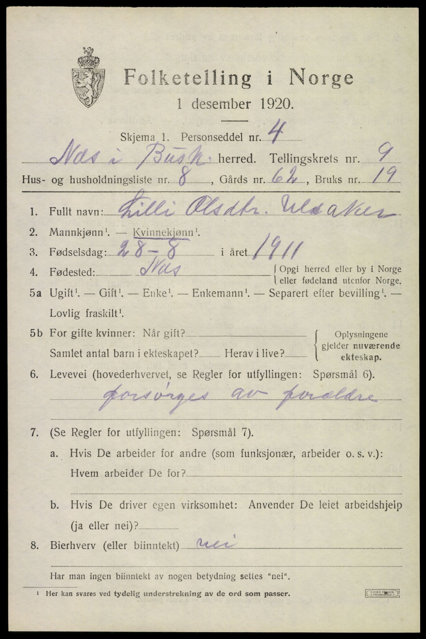 SAKO, 1920 census for Nes (Buskerud), 1920, p. 5916