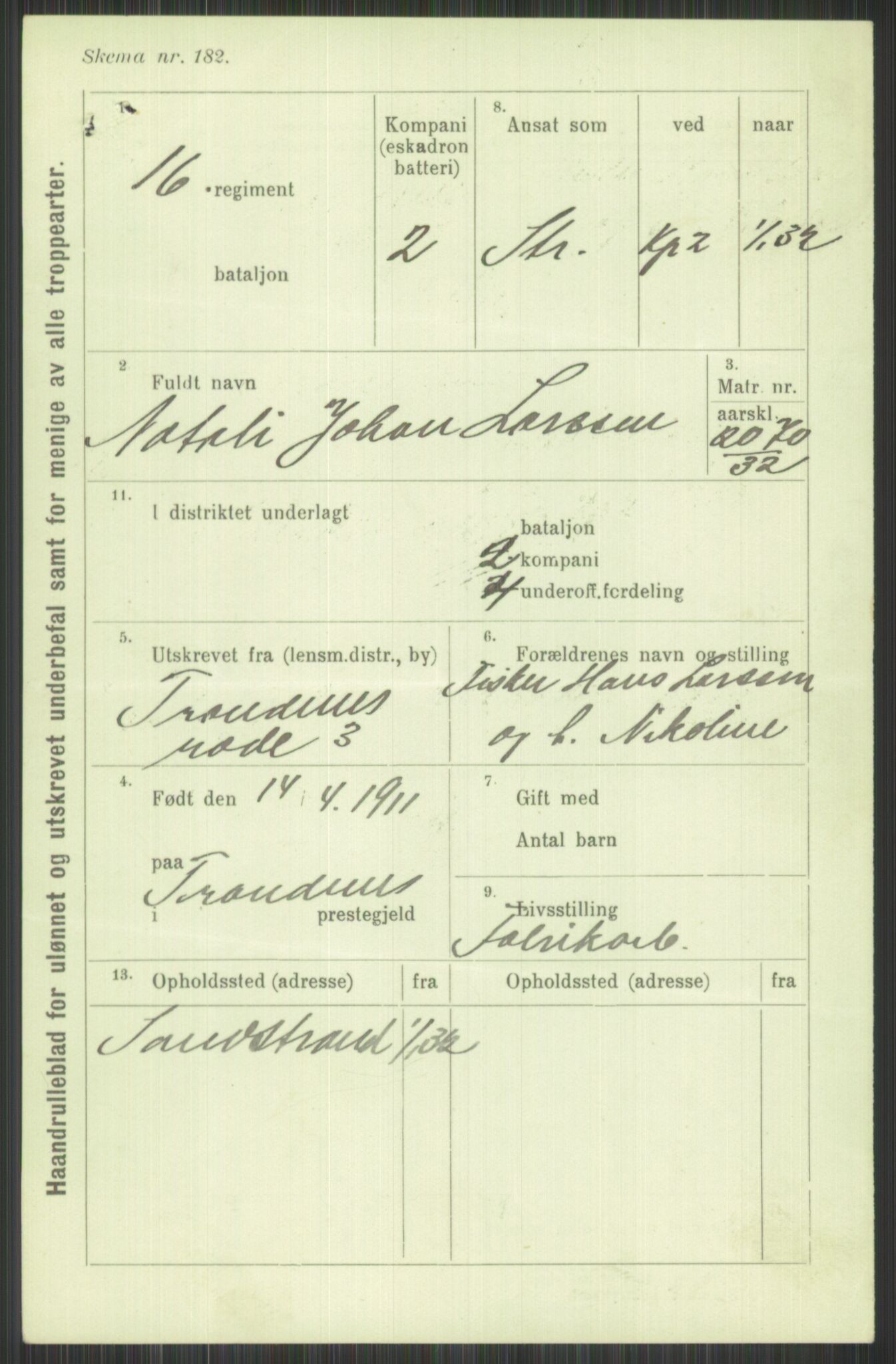 Forsvaret, Troms infanteriregiment nr. 16, AV/RA-RAFA-3146/P/Pa/L0016: Rulleblad for regimentets menige mannskaper, årsklasse 1932, 1932, p. 953